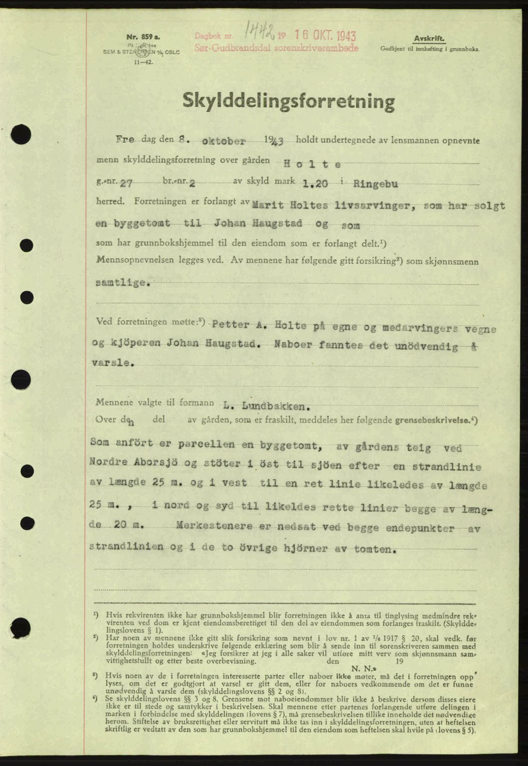 Sør-Gudbrandsdal tingrett, SAH/TING-004/H/Hb/Hbd/L0012: Pantebok nr. A12, 1943-1944, Dagboknr: 1442/1943