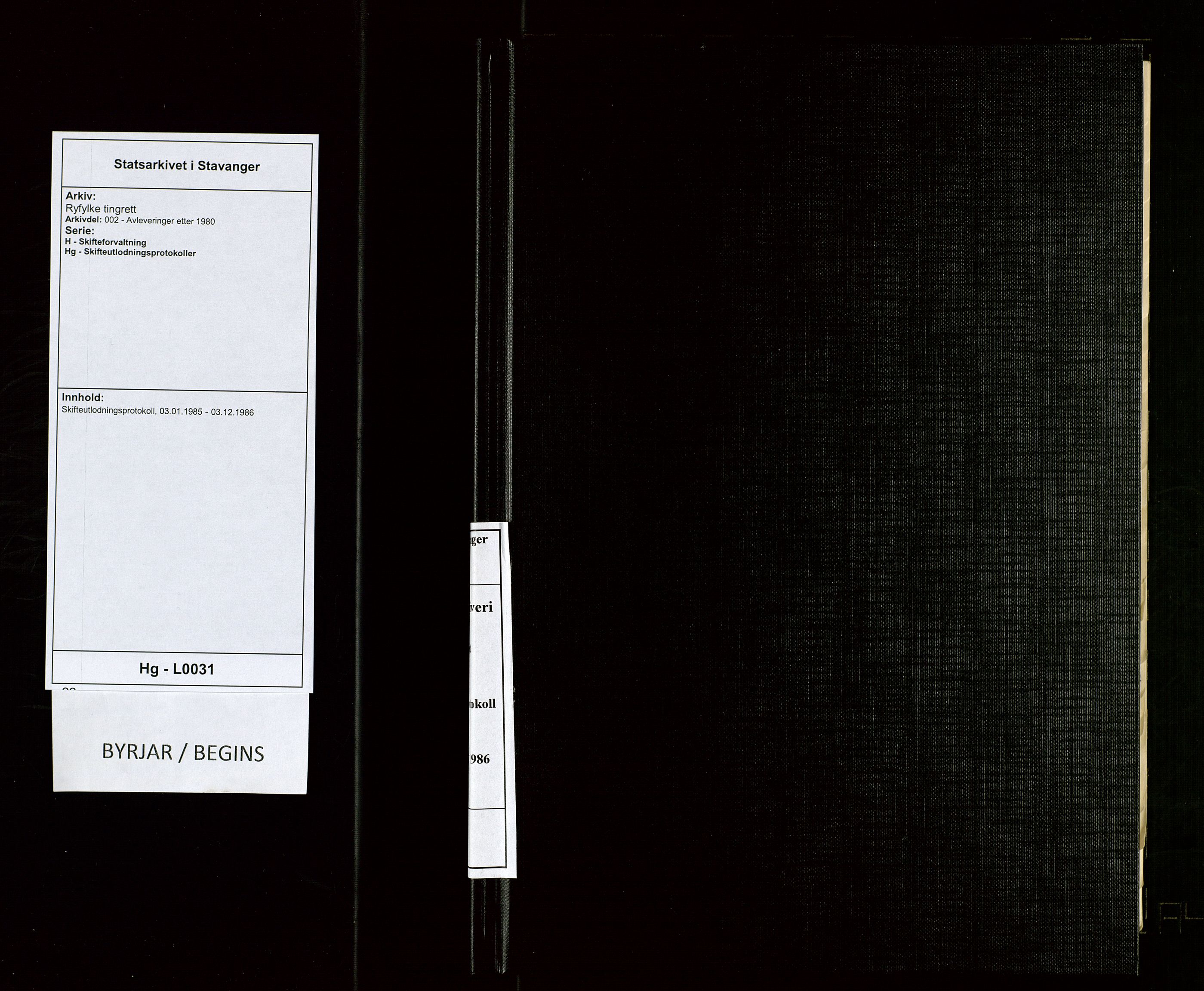 Ryfylke tingrett, AV/SAST-A-100055/002/H/Hg/L0031: Skifteutlodningsprotokoll, 1985-1986
