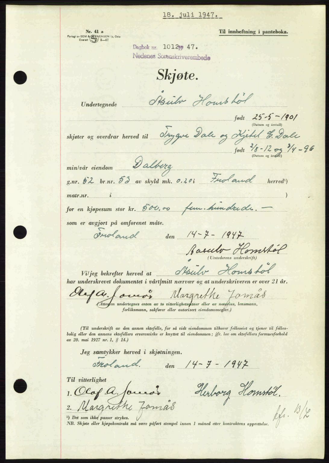 Nedenes sorenskriveri, AV/SAK-1221-0006/G/Gb/Gba/L0057: Pantebok nr. A9, 1947-1947, Dagboknr: 1012/1947