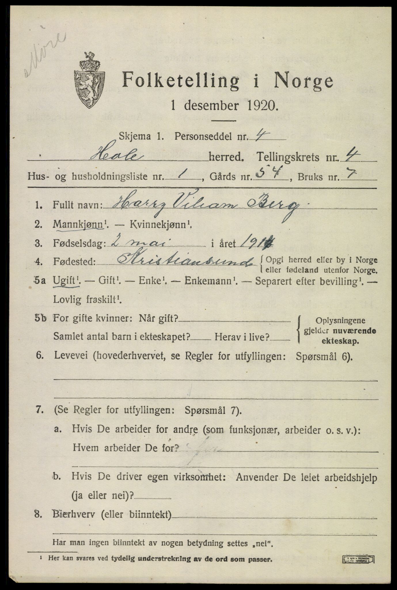 SAKO, Folketelling 1920 for 0612 Hole herred, 1920, s. 3147