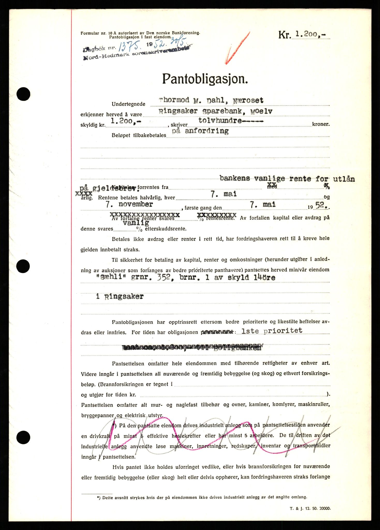 Nord-Hedmark sorenskriveri, SAH/TING-012/H/Hb/Hbf/L0025: Pantebok nr. B25, 1952-1952, Dagboknr: 1375/1952