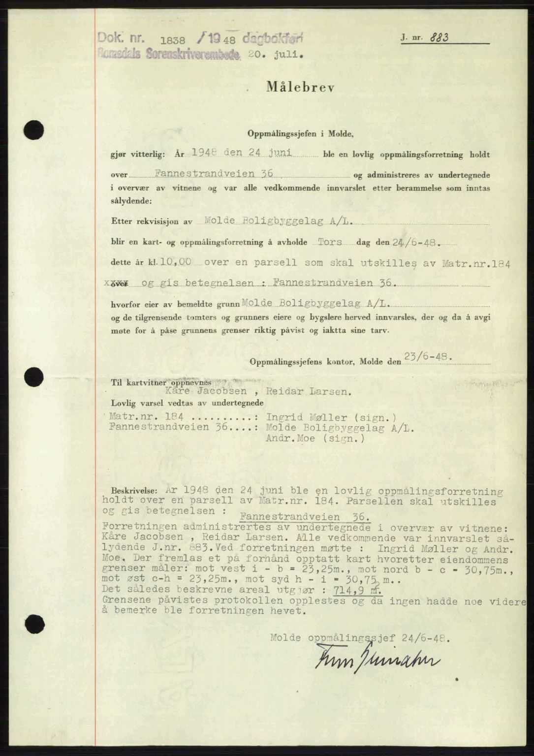 Romsdal sorenskriveri, SAT/A-4149/1/2/2C: Pantebok nr. A26, 1948-1948, Dagboknr: 1838/1948