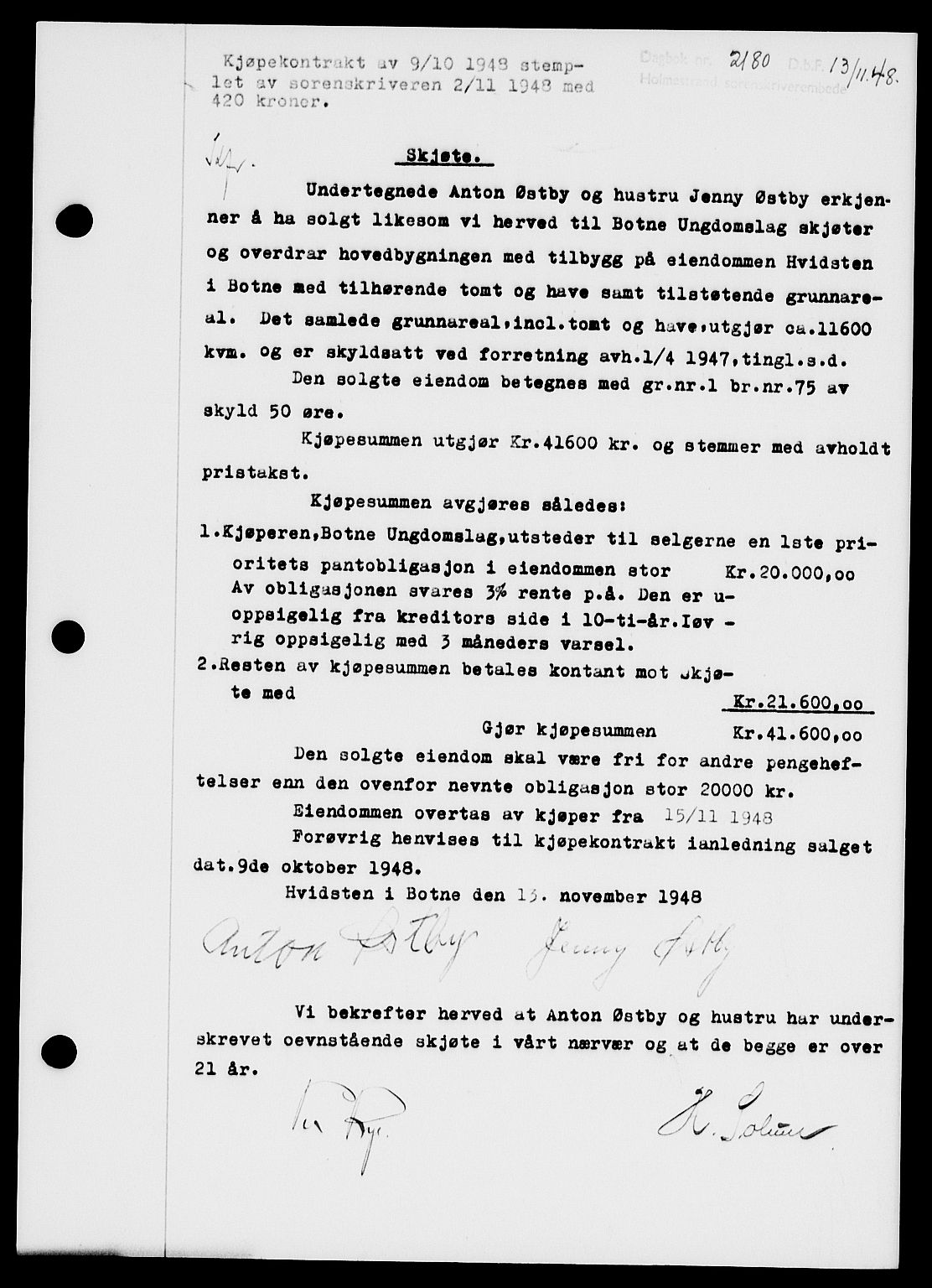 Holmestrand sorenskriveri, SAKO/A-67/G/Ga/Gaa/L0065: Pantebok nr. A-65, 1948-1949, Dagboknr: 2180/1948