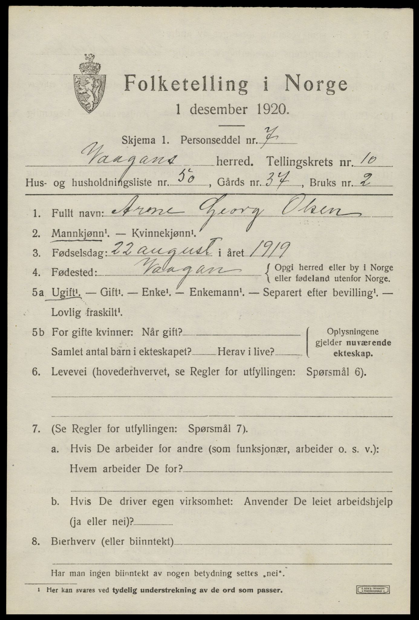 SAT, Folketelling 1920 for 1865 Vågan herred, 1920, s. 9501