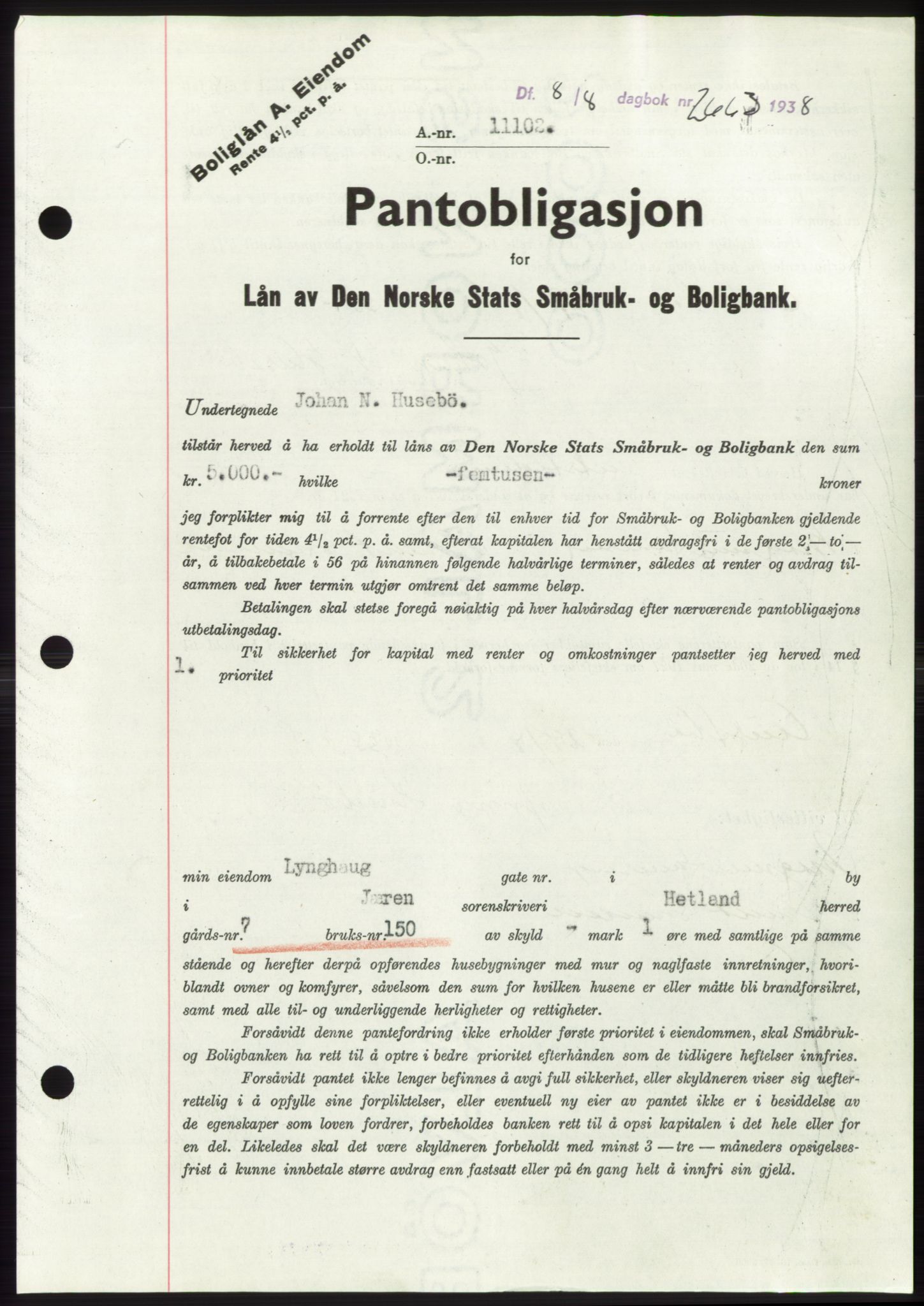 Jæren sorenskriveri, SAST/A-100310/03/G/Gba/L0071: Pantebok, 1938-1938, Dagboknr: 2663/1938