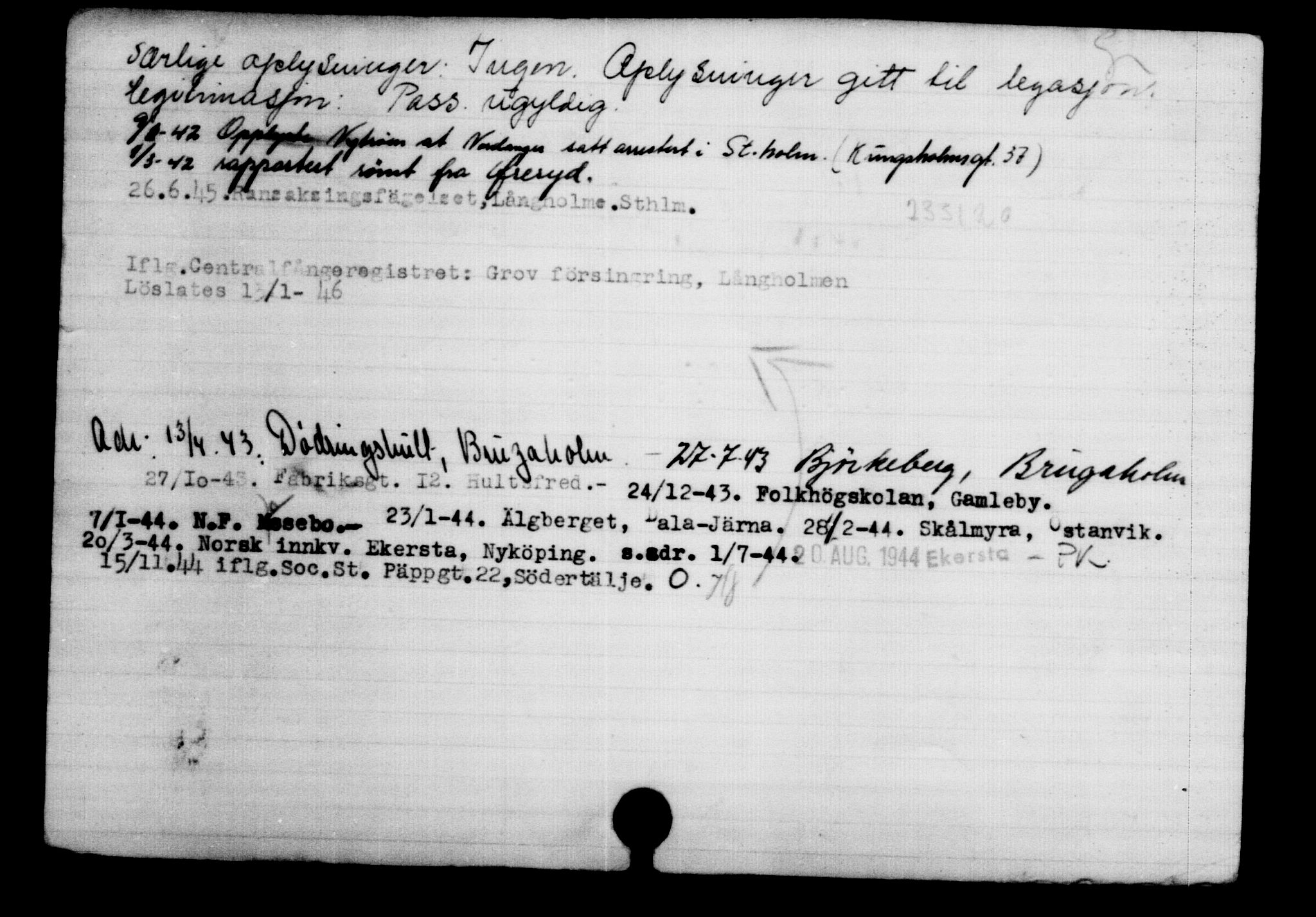 Utenriksstasjonene, Legasjonen i Stockholm, Flyktningkontoret, AV/RA-S-6753/V/Va/L0002: Kjesäterkartoteket, flyktninger med registreringsnr. 1001-2000, 1940-1945, s. 250