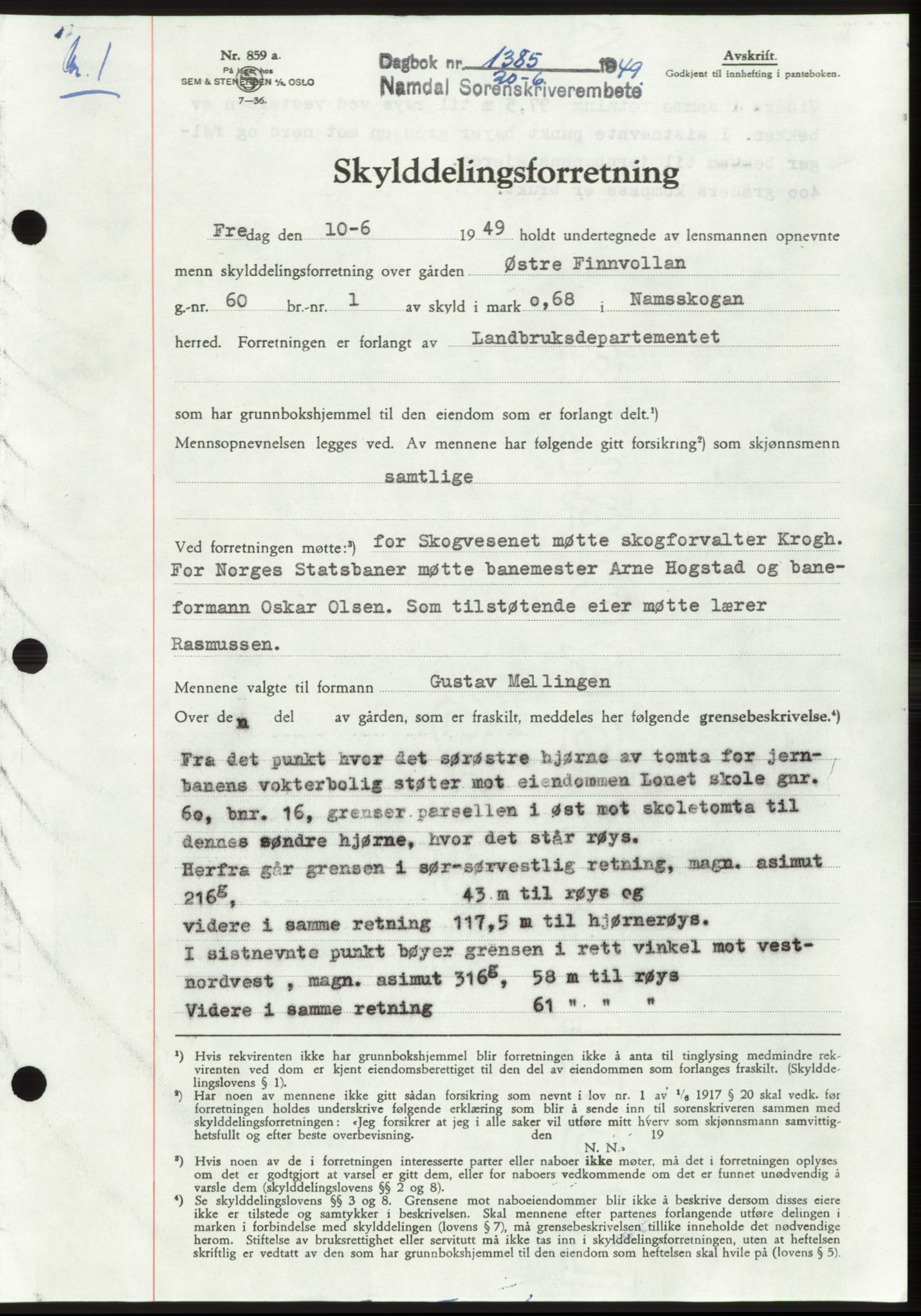 Namdal sorenskriveri, SAT/A-4133/1/2/2C: Pantebok nr. -, 1949-1949, Dagboknr: 1385/1949
