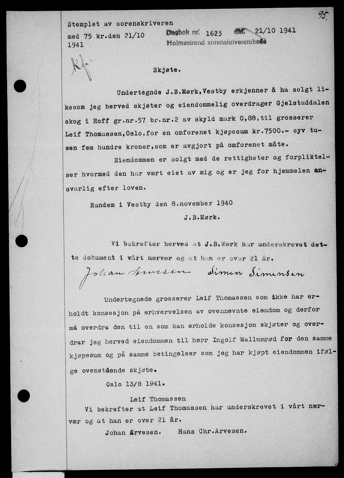 Holmestrand sorenskriveri, SAKO/A-67/G/Ga/Gaa/L0054: Pantebok nr. A-54, 1941-1942, Dagboknr: 1623/1941