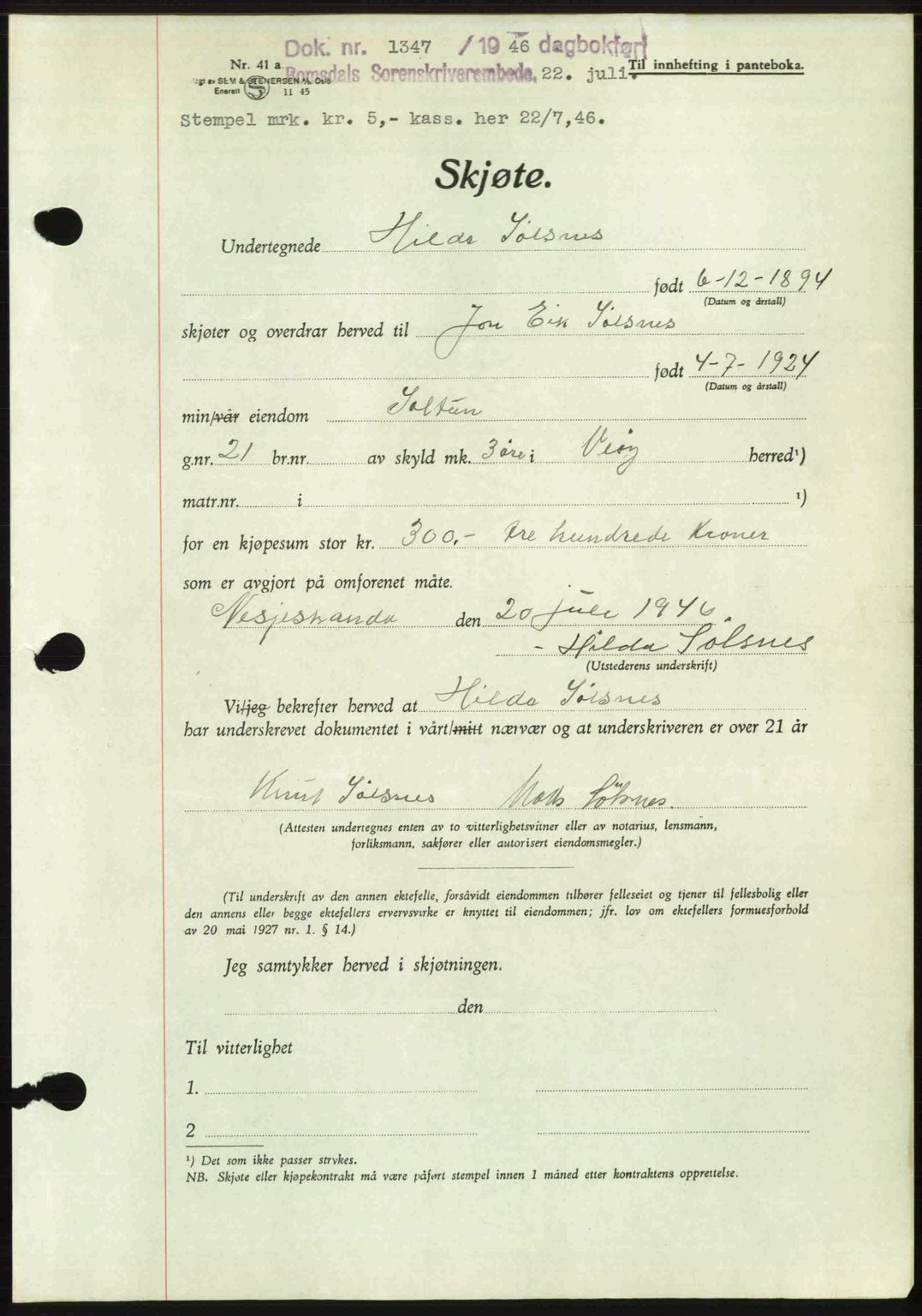 Romsdal sorenskriveri, AV/SAT-A-4149/1/2/2C: Pantebok nr. A20, 1946-1946, Dagboknr: 1347/1946