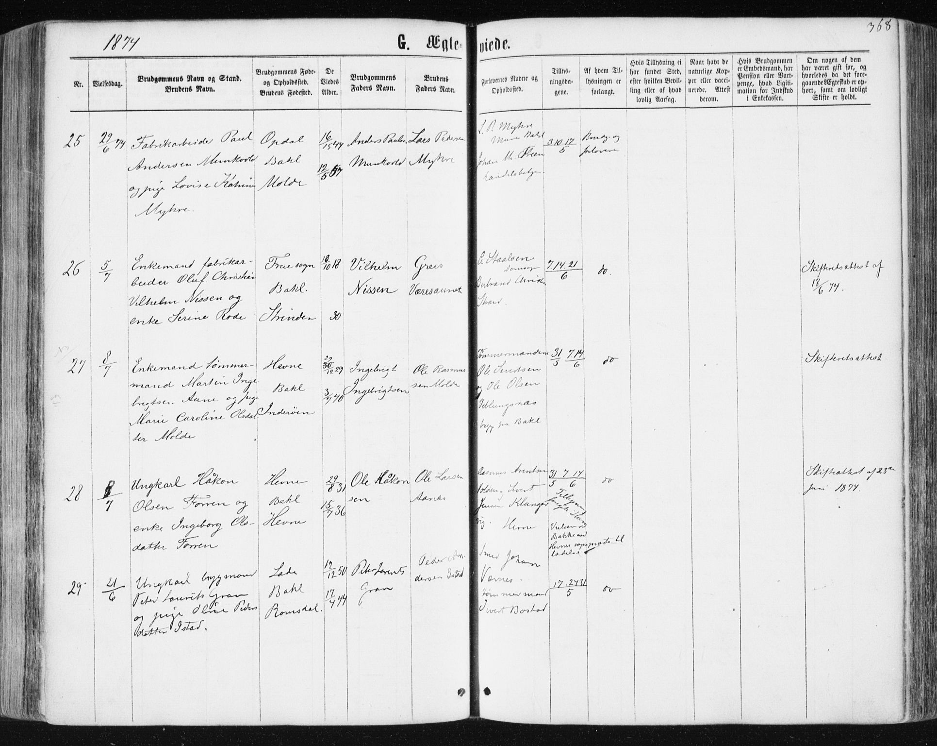 Ministerialprotokoller, klokkerbøker og fødselsregistre - Sør-Trøndelag, SAT/A-1456/604/L0186: Ministerialbok nr. 604A07, 1866-1877, s. 368