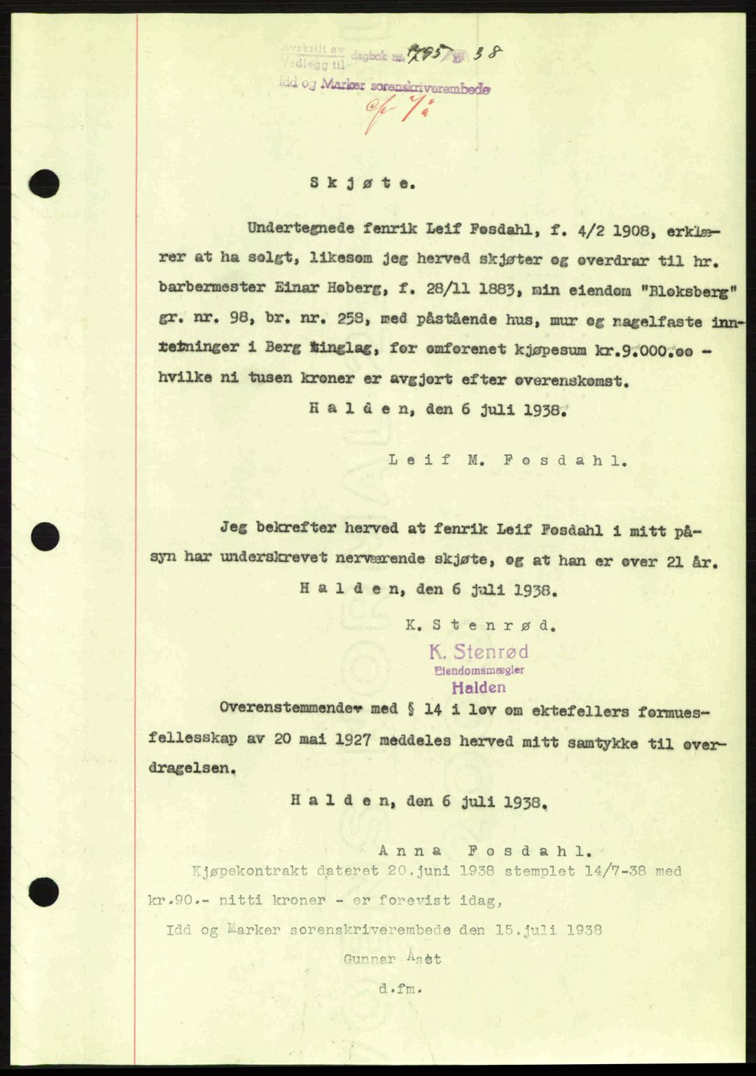 Idd og Marker sorenskriveri, AV/SAO-A-10283/G/Gb/Gbb/L0002: Pantebok nr. A2, 1937-1938, Dagboknr: 795/1938