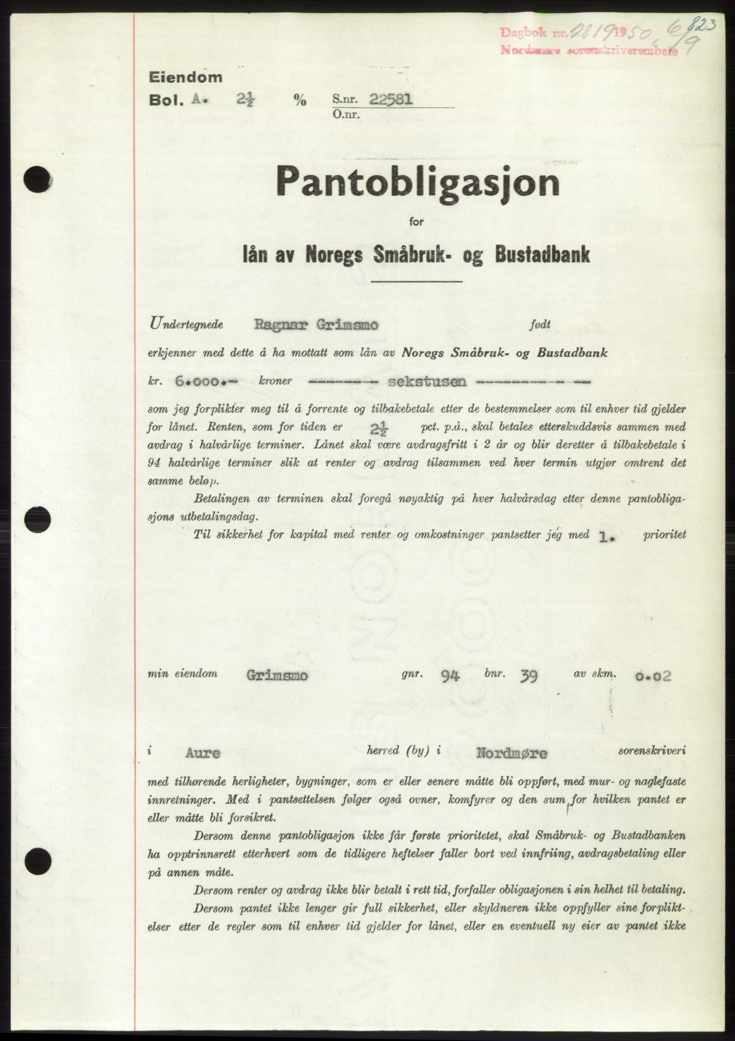 Nordmøre sorenskriveri, AV/SAT-A-4132/1/2/2Ca: Pantebok nr. B105, 1950-1950, Dagboknr: 2819/1950