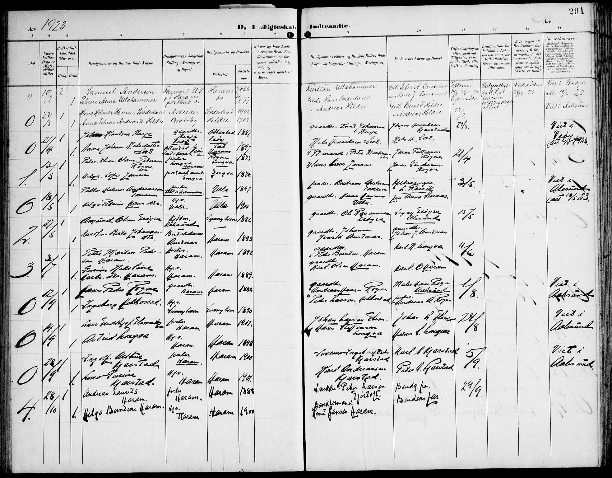 Ministerialprotokoller, klokkerbøker og fødselsregistre - Møre og Romsdal, AV/SAT-A-1454/536/L0511: Klokkerbok nr. 536C06, 1899-1944, s. 291