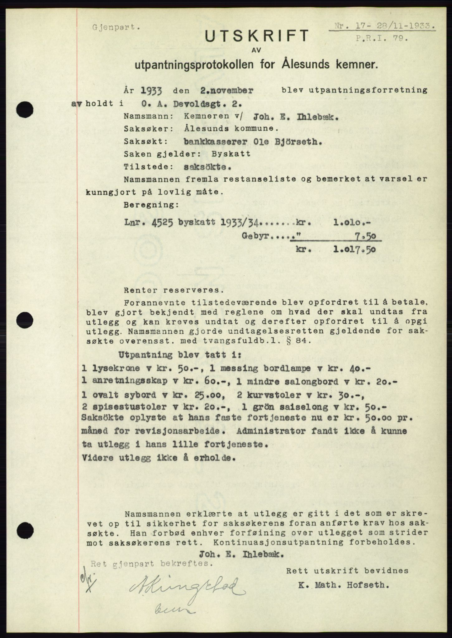 Ålesund byfogd, AV/SAT-A-4384: Pantebok nr. 31, 1933-1934, Tingl.dato: 28.11.1933