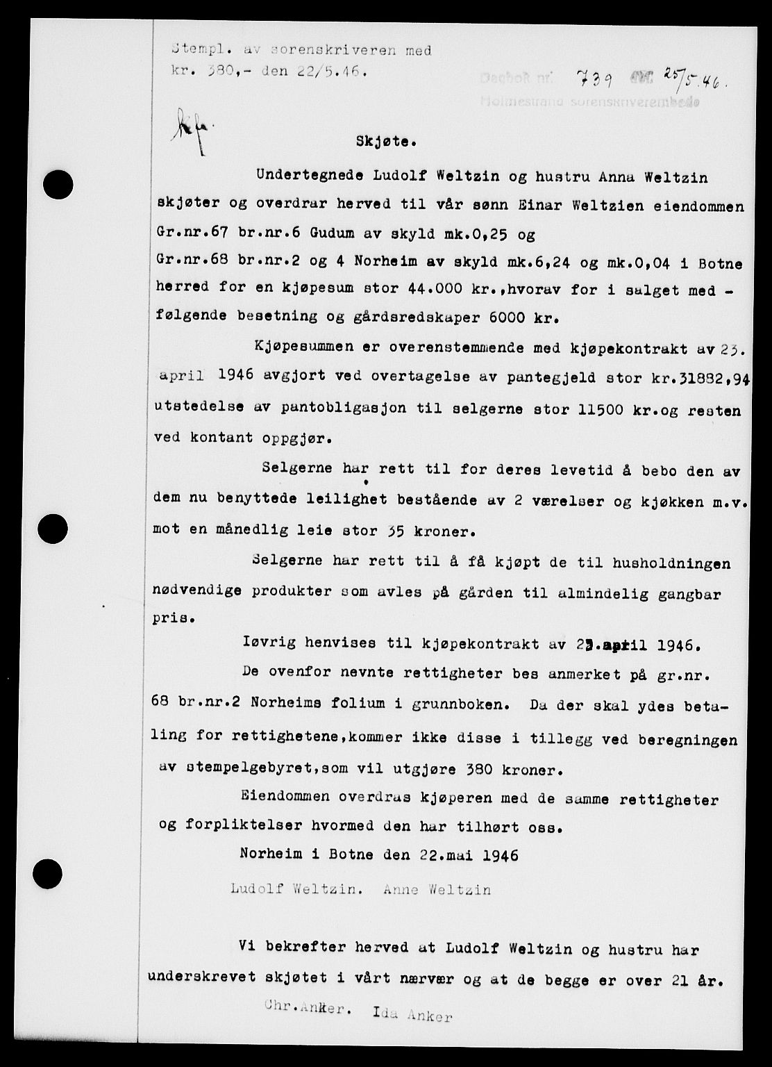 Holmestrand sorenskriveri, SAKO/A-67/G/Ga/Gaa/L0060: Pantebok nr. A-60, 1946-1946, Dagboknr: 739/1946