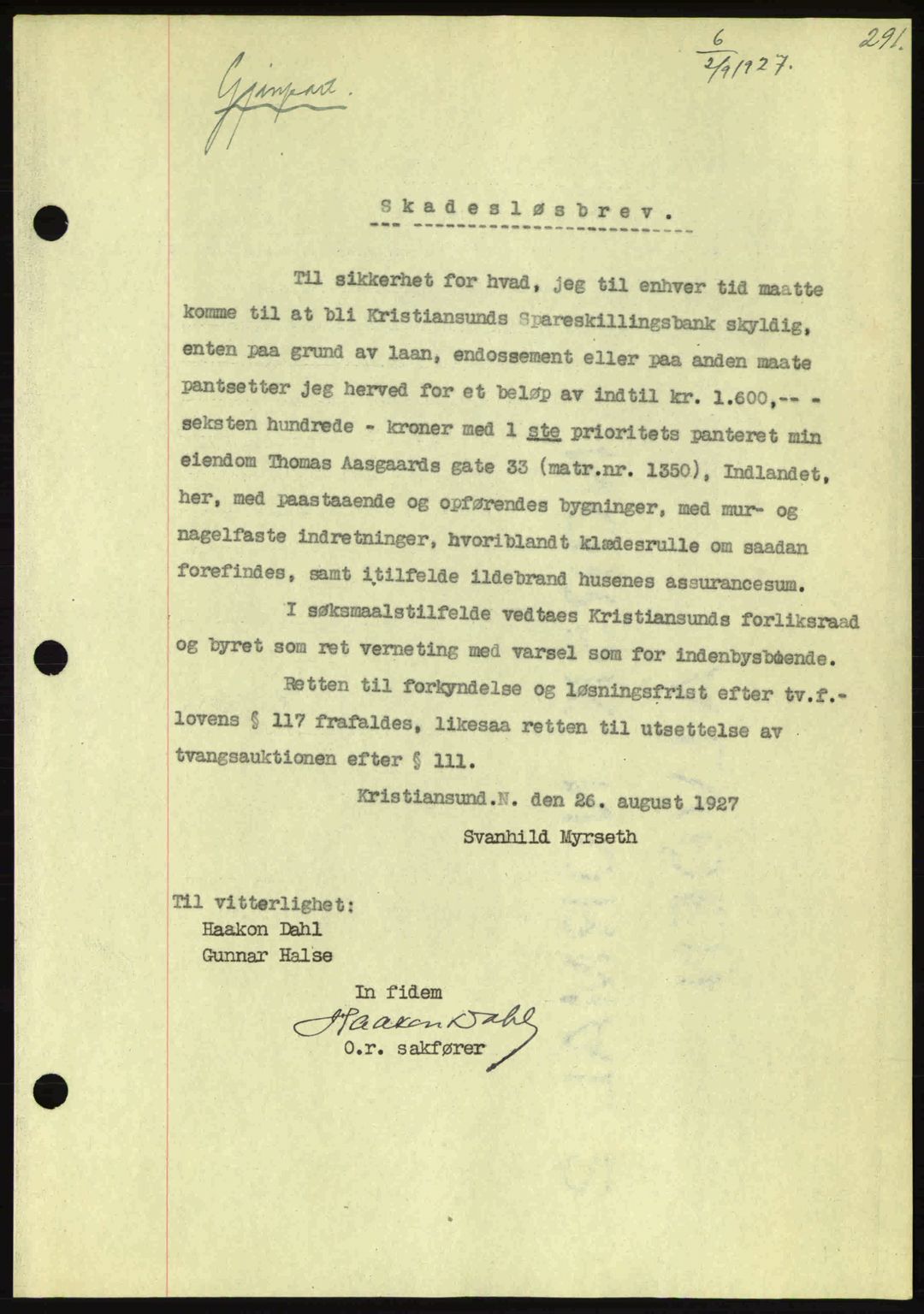 Kristiansund byfogd, AV/SAT-A-4587/A/27: Pantebok nr. 21, 1926-1928, Tingl.dato: 02.09.1927