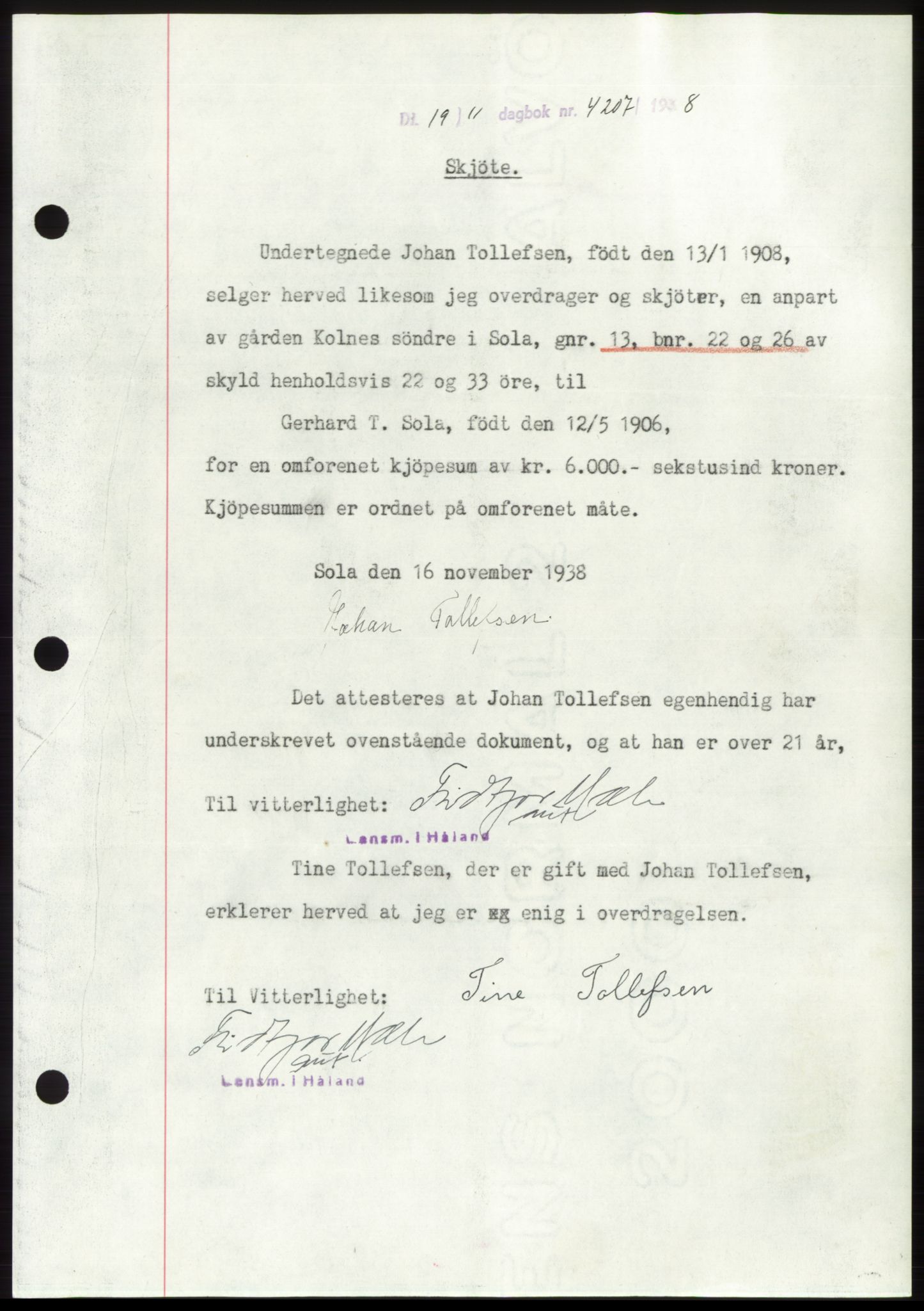 Jæren sorenskriveri, SAST/A-100310/03/G/Gba/L0072: Pantebok, 1938-1938, Dagboknr: 4207/1938