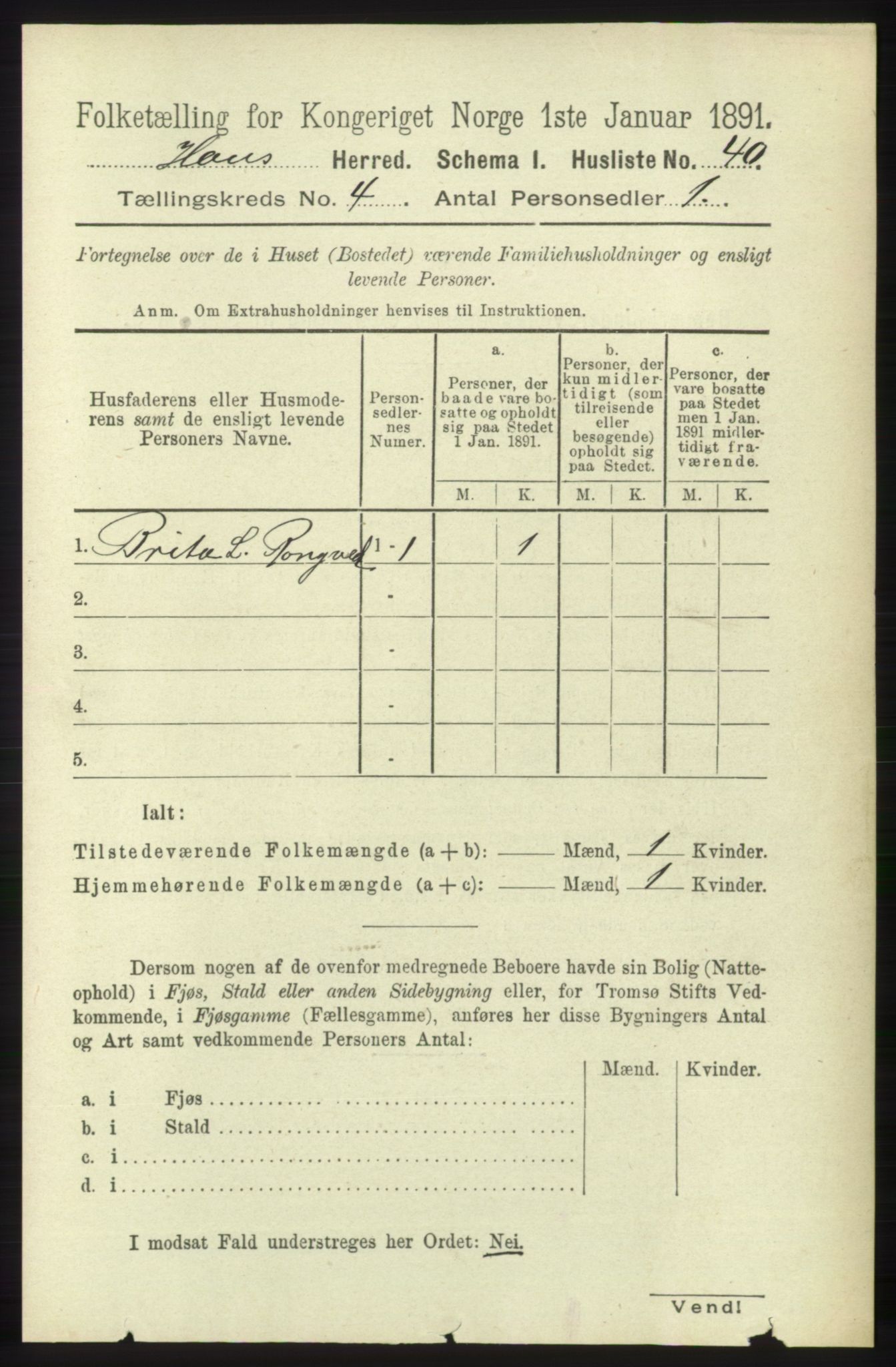 RA, Folketelling 1891 for 1250 Haus herred, 1891, s. 1381