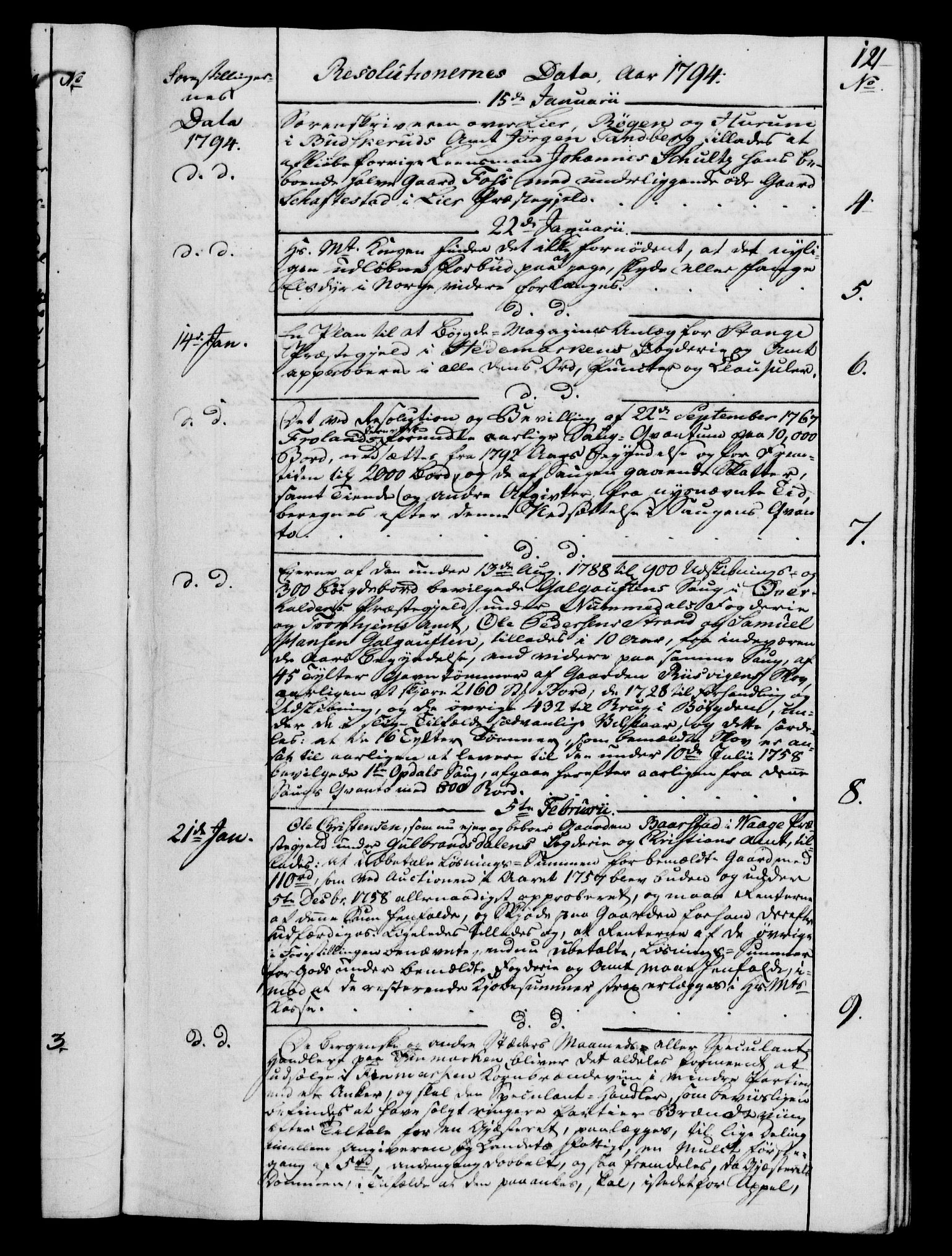 Rentekammeret, Kammerkanselliet, RA/EA-3111/G/Gf/Gfb/L0014: Register til norske relasjons- og resolusjonsprotokoller (merket RK 52.109), 1794-1796, s. 121