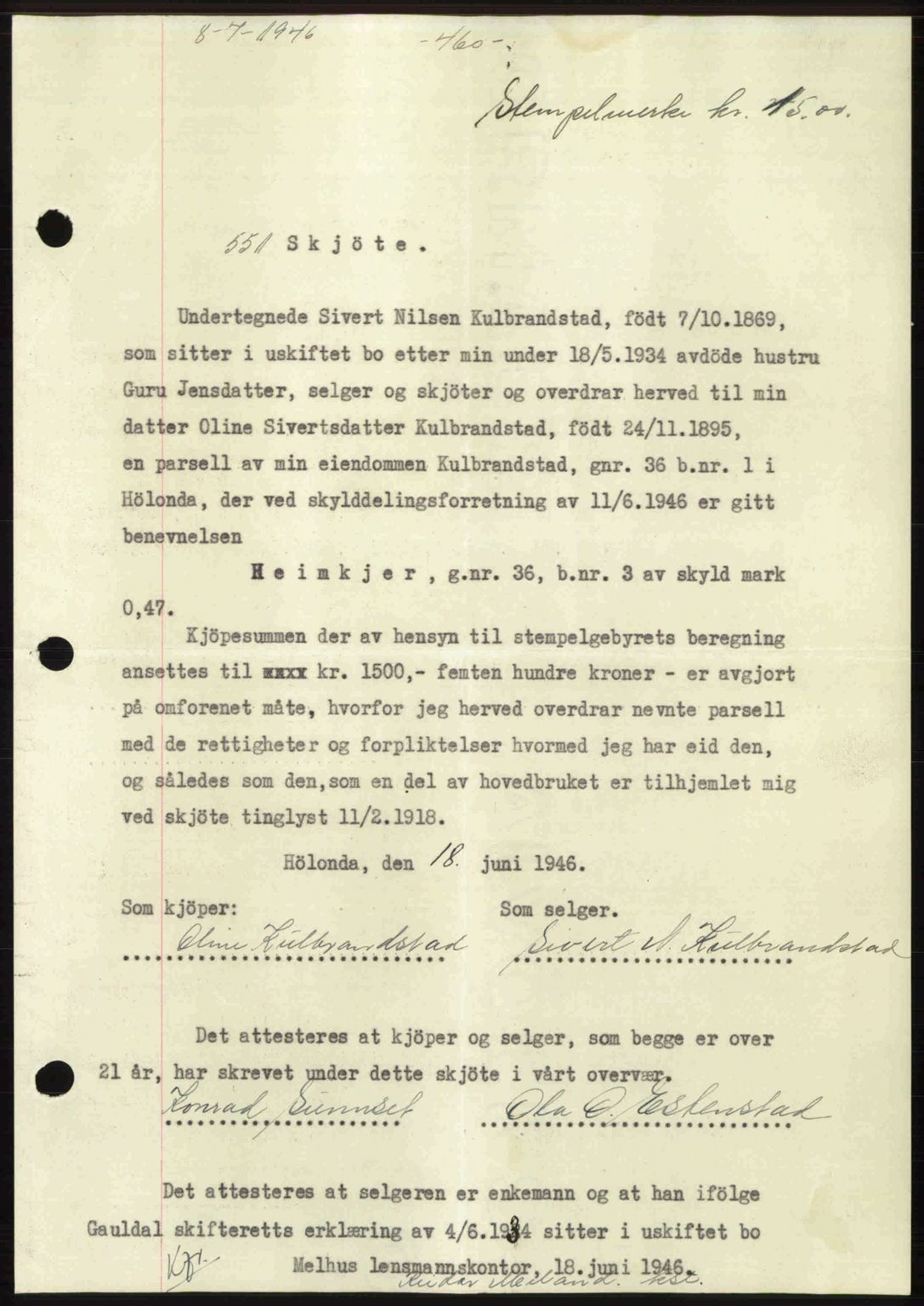 Gauldal sorenskriveri, SAT/A-0014/1/2/2C: Pantebok nr. A2, 1946-1946, Dagboknr: 551/1946