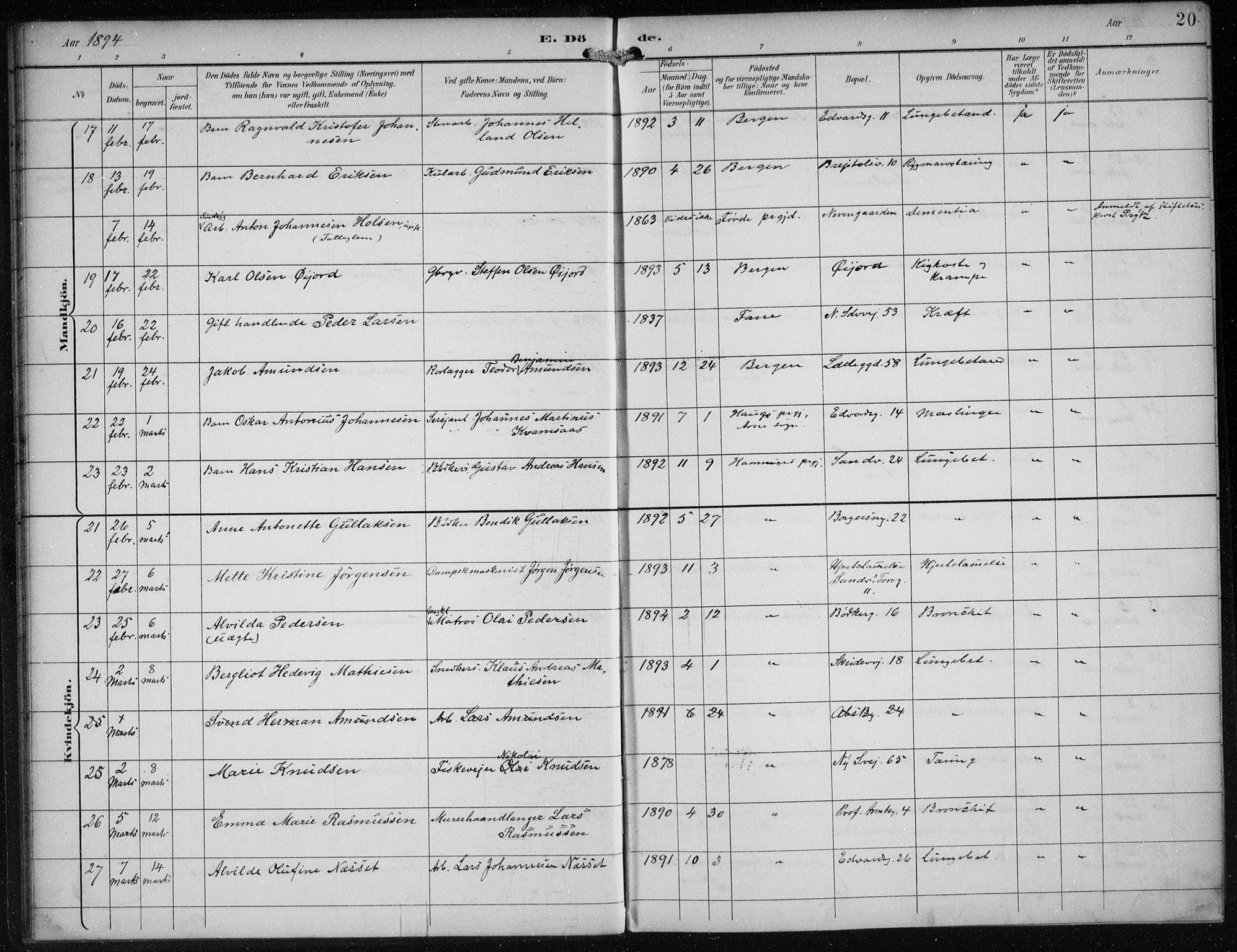 Sandviken Sokneprestembete, AV/SAB-A-77601/H/Ha/L0018: Ministerialbok nr. E 1, 1893-1905, s. 20
