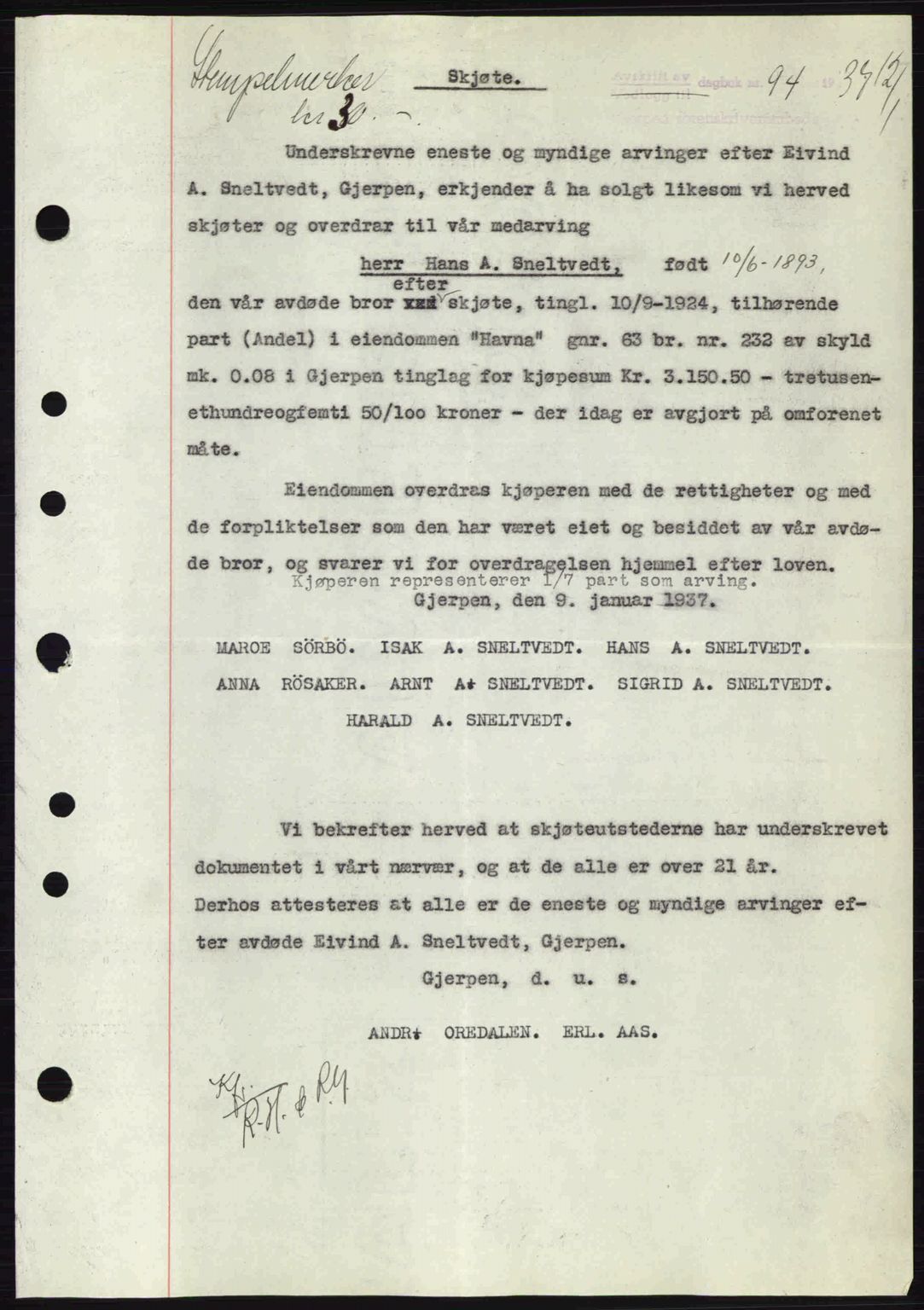 Gjerpen sorenskriveri, SAKO/A-216/G/Ga/Gae/L0067: Pantebok nr. A-66 - A-68, 1936-1937, Dagboknr: 94/1937