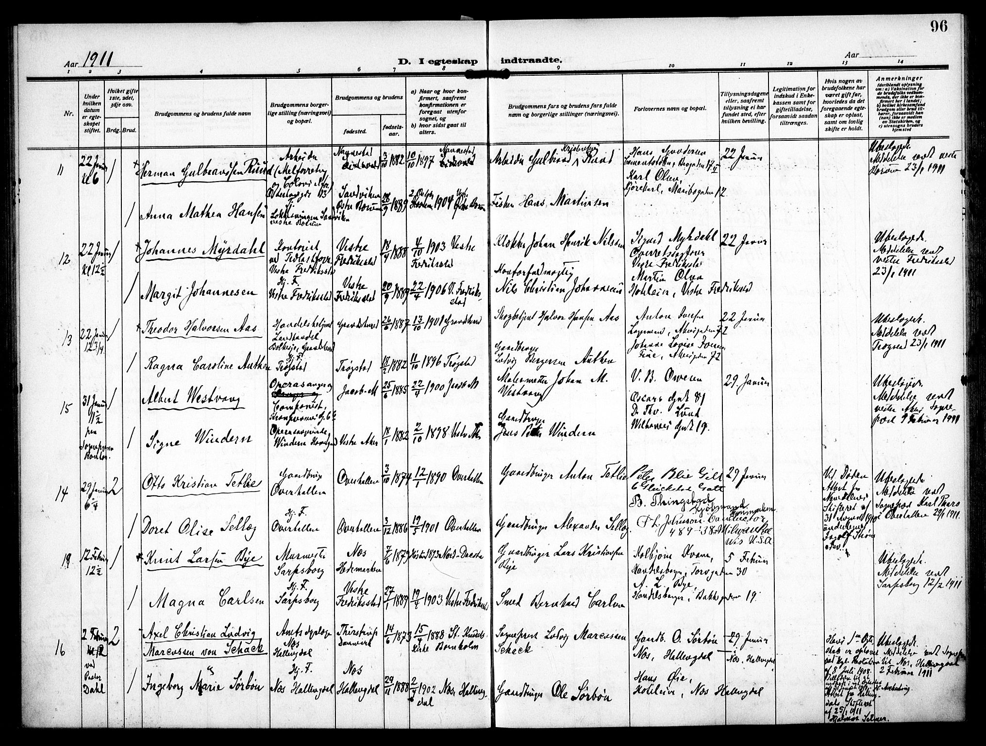 Trefoldighet prestekontor Kirkebøker, AV/SAO-A-10882/F/Fc/L0006: Ministerialbok nr. III 6, 1908-1914, s. 96