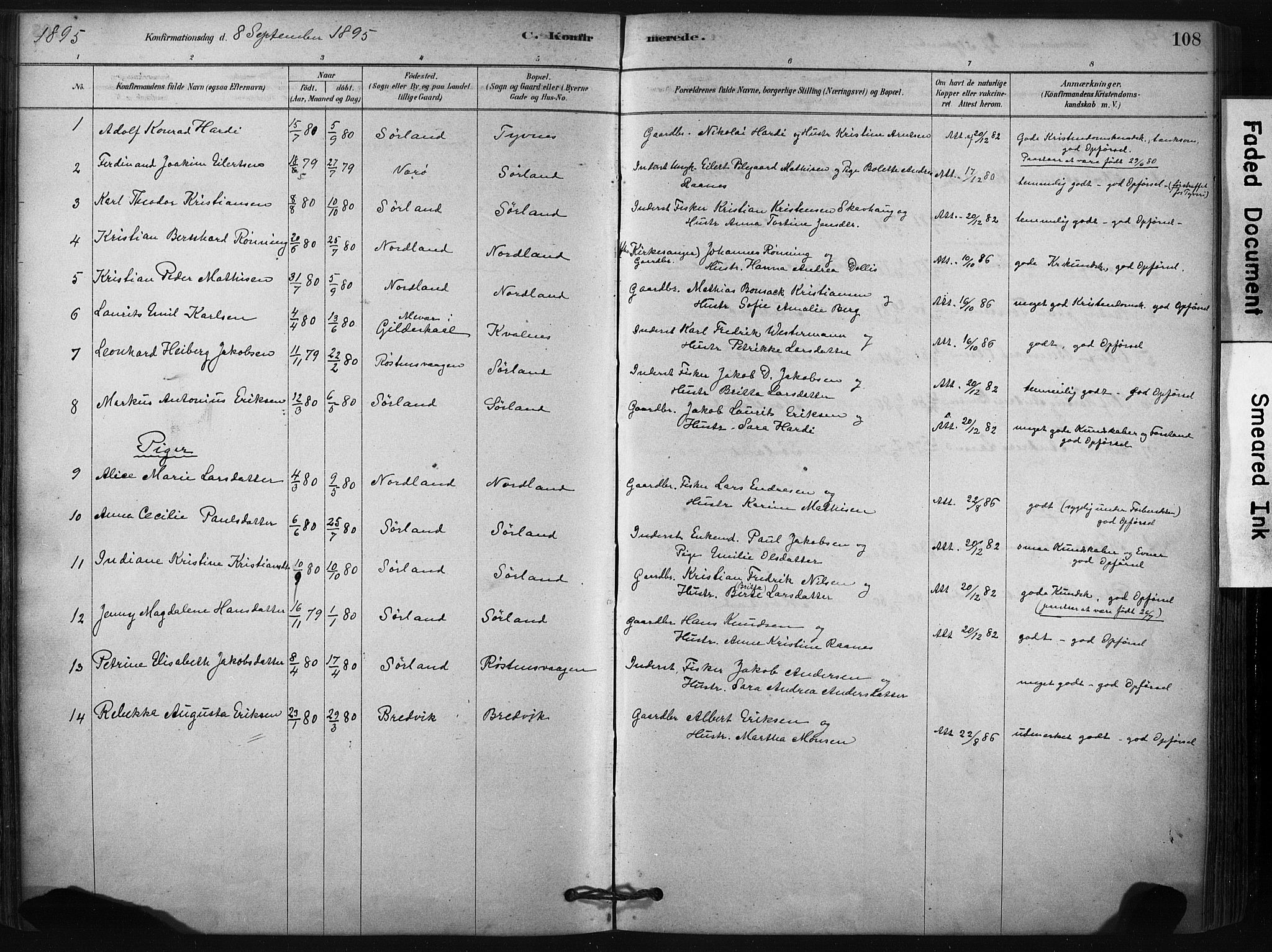 Ministerialprotokoller, klokkerbøker og fødselsregistre - Nordland, SAT/A-1459/807/L0122: Ministerialbok nr. 807A05, 1880-1902, s. 108