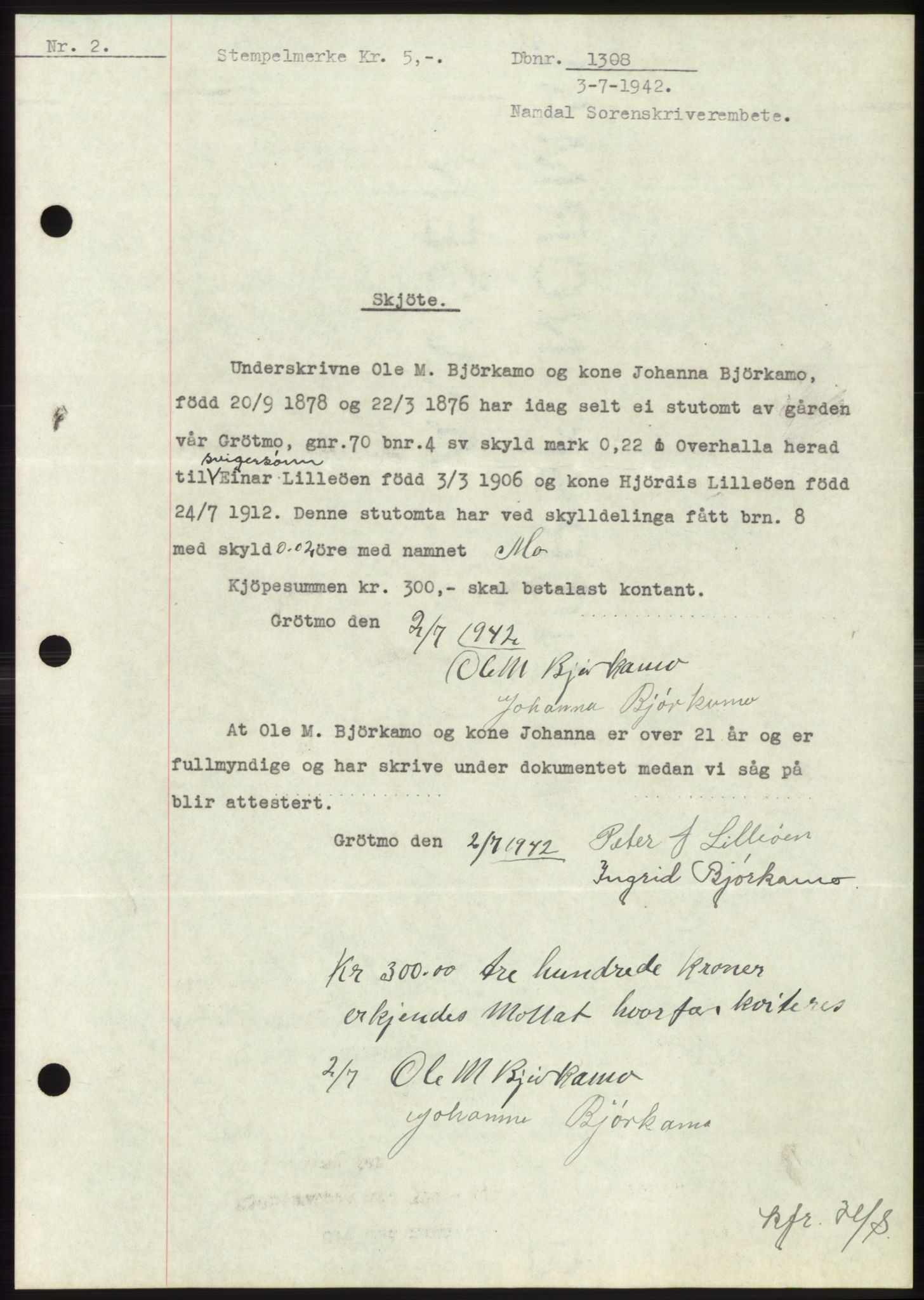 Namdal sorenskriveri, SAT/A-4133/1/2/2C: Pantebok nr. -, 1942-1943, Dagboknr: 1308/1942