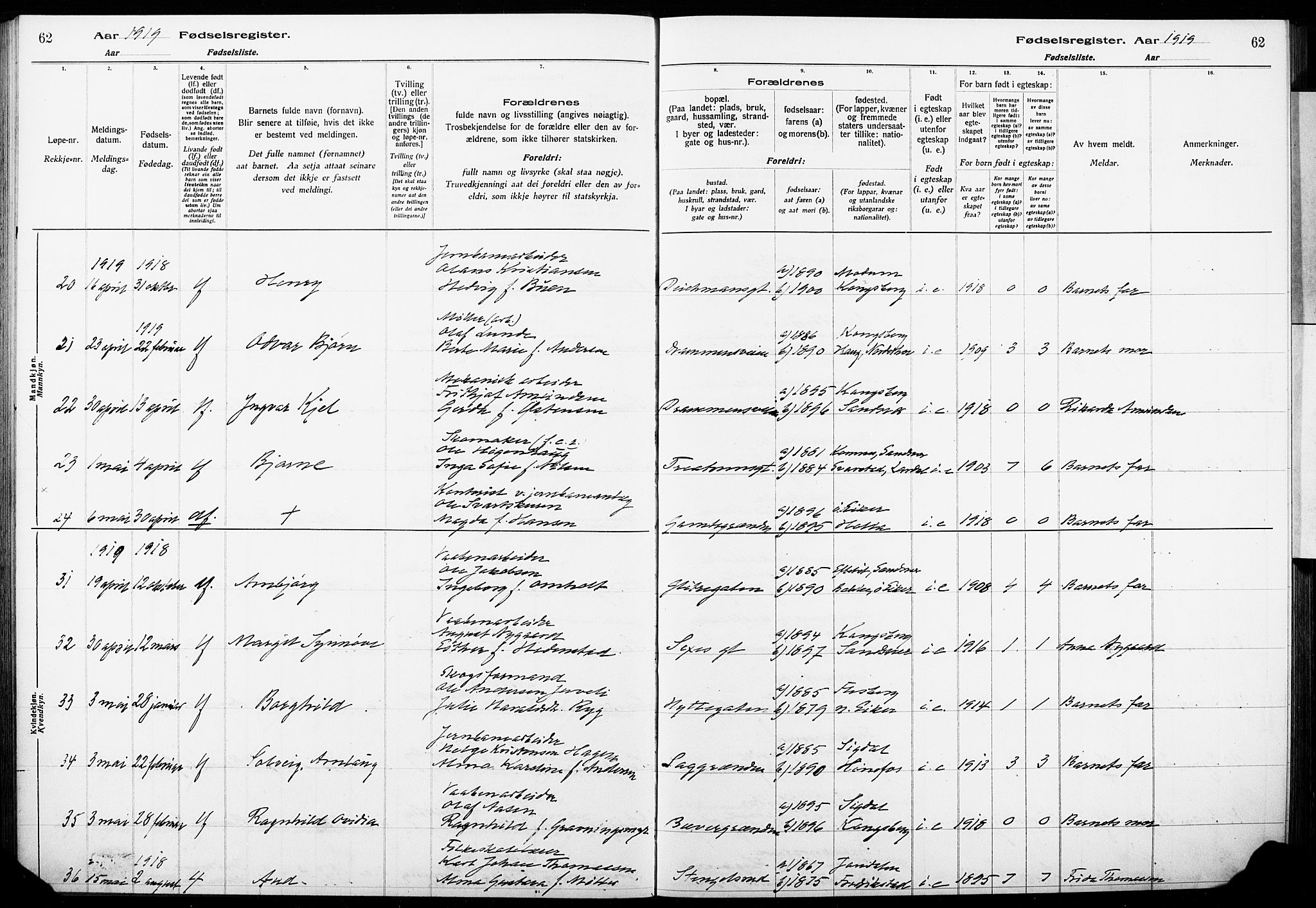 Kongsberg kirkebøker, AV/SAKO-A-22/J/Ja/L0001: Fødselsregister nr. I 1, 1916-1927, s. 62