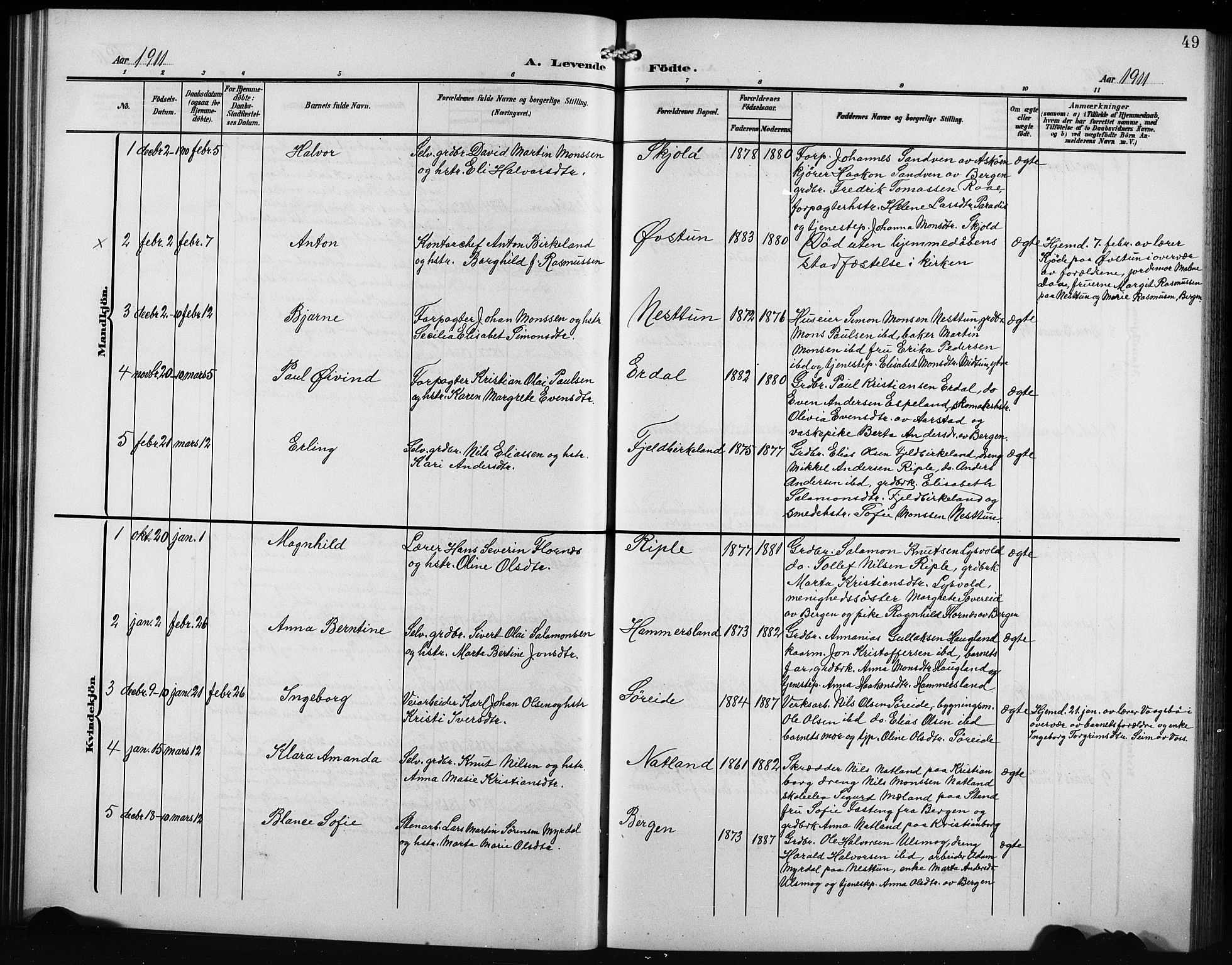 Birkeland Sokneprestembete, AV/SAB-A-74601/H/Hab: Klokkerbok nr. A 6, 1906-1915, s. 49