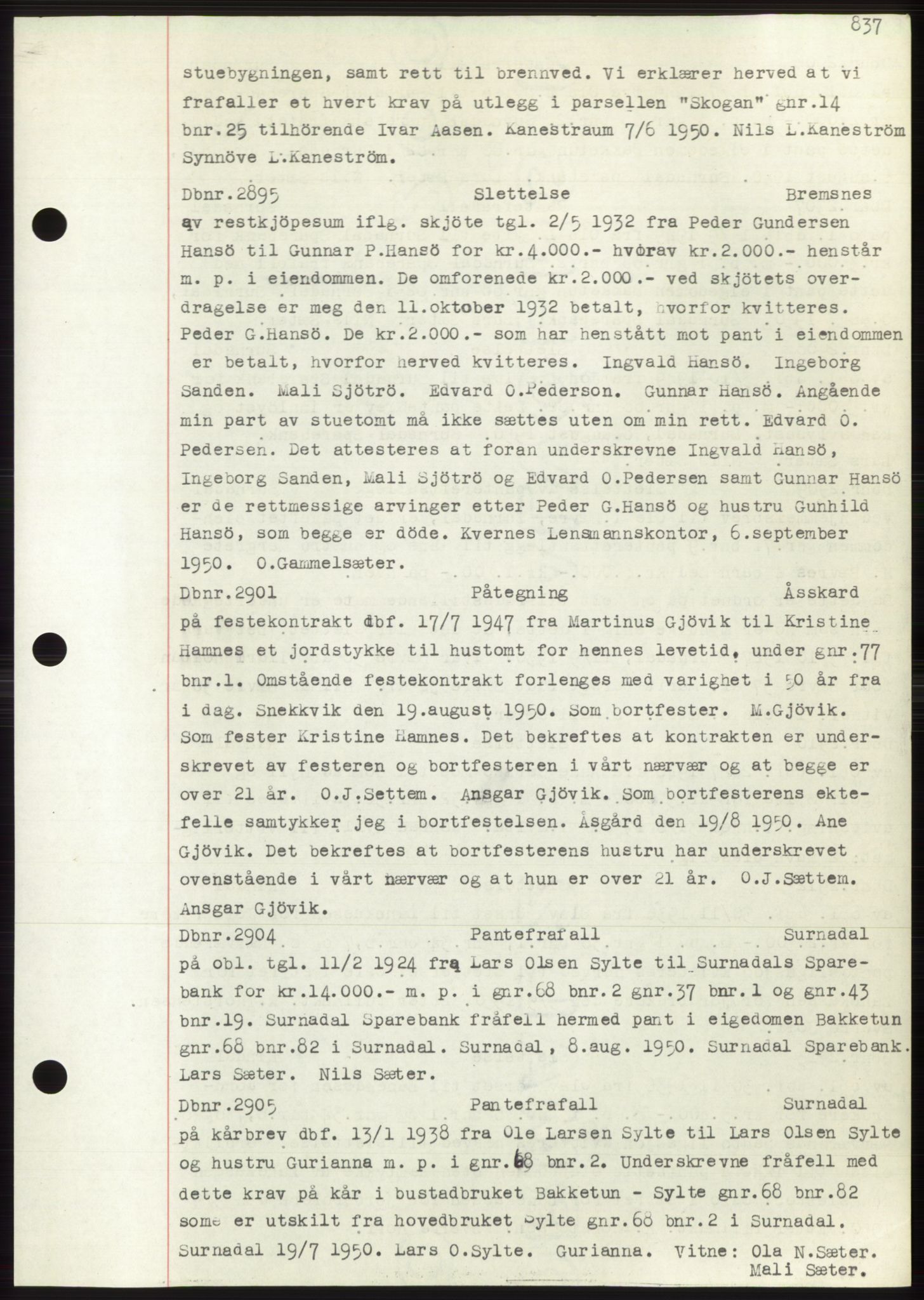 Nordmøre sorenskriveri, SAT/A-4132/1/2/2Ca: Pantebok nr. C82b, 1946-1951, Dagboknr: 2895/1950
