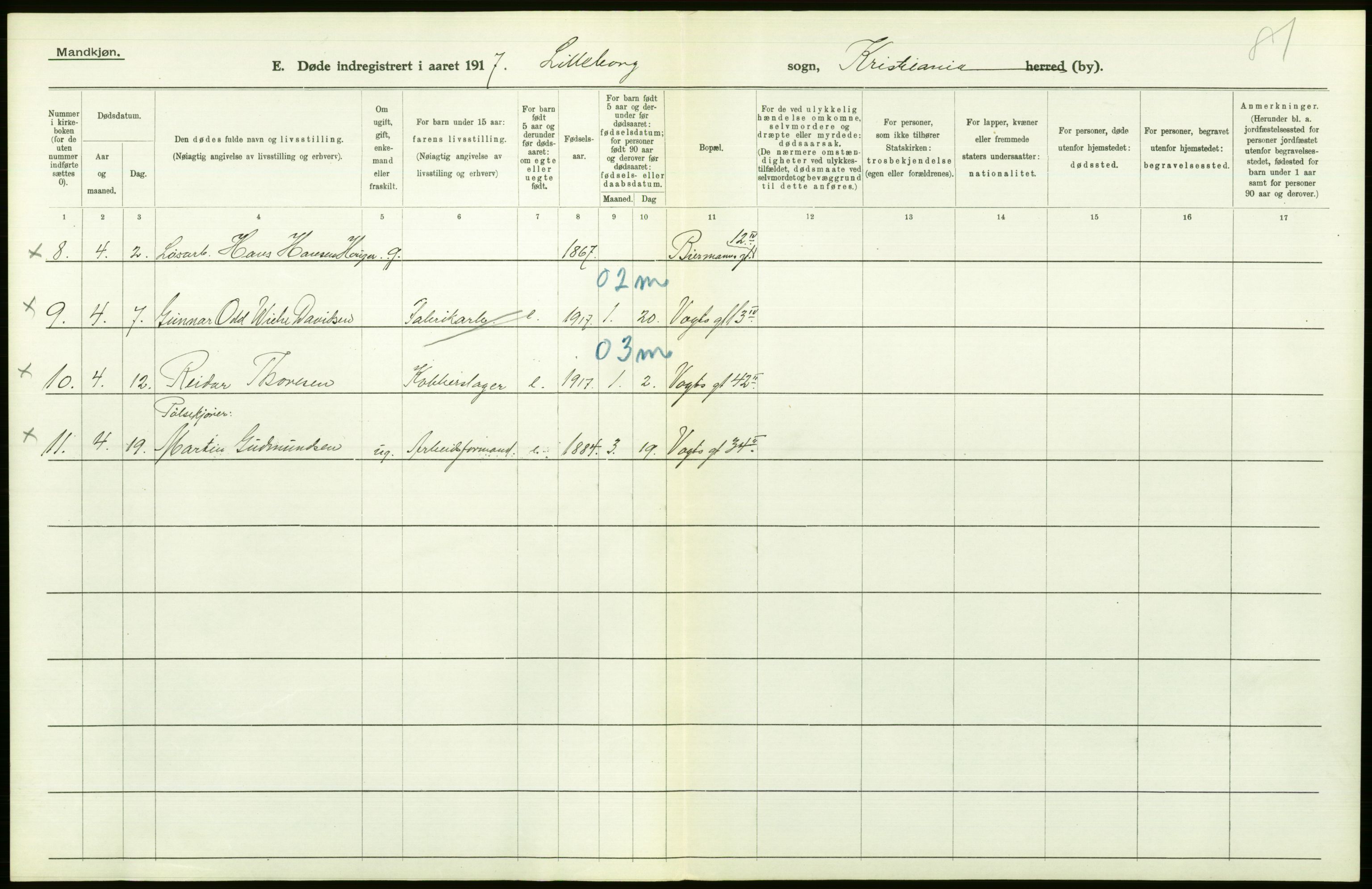 Statistisk sentralbyrå, Sosiodemografiske emner, Befolkning, AV/RA-S-2228/D/Df/Dfb/Dfbg/L0010: Kristiania: Døde, 1917, s. 608