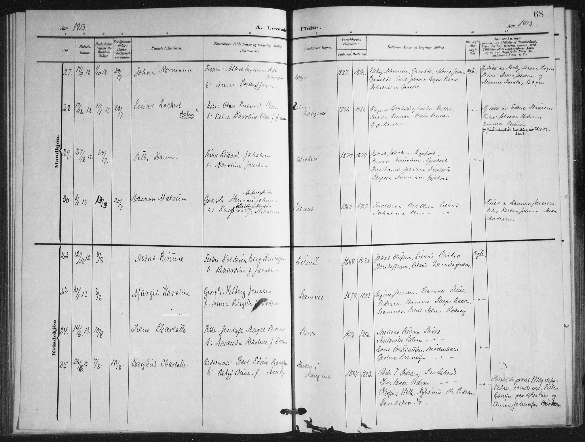 Ministerialprotokoller, klokkerbøker og fødselsregistre - Nordland, AV/SAT-A-1459/895/L1373: Ministerialbok nr. 895A08, 1905-1915, s. 68