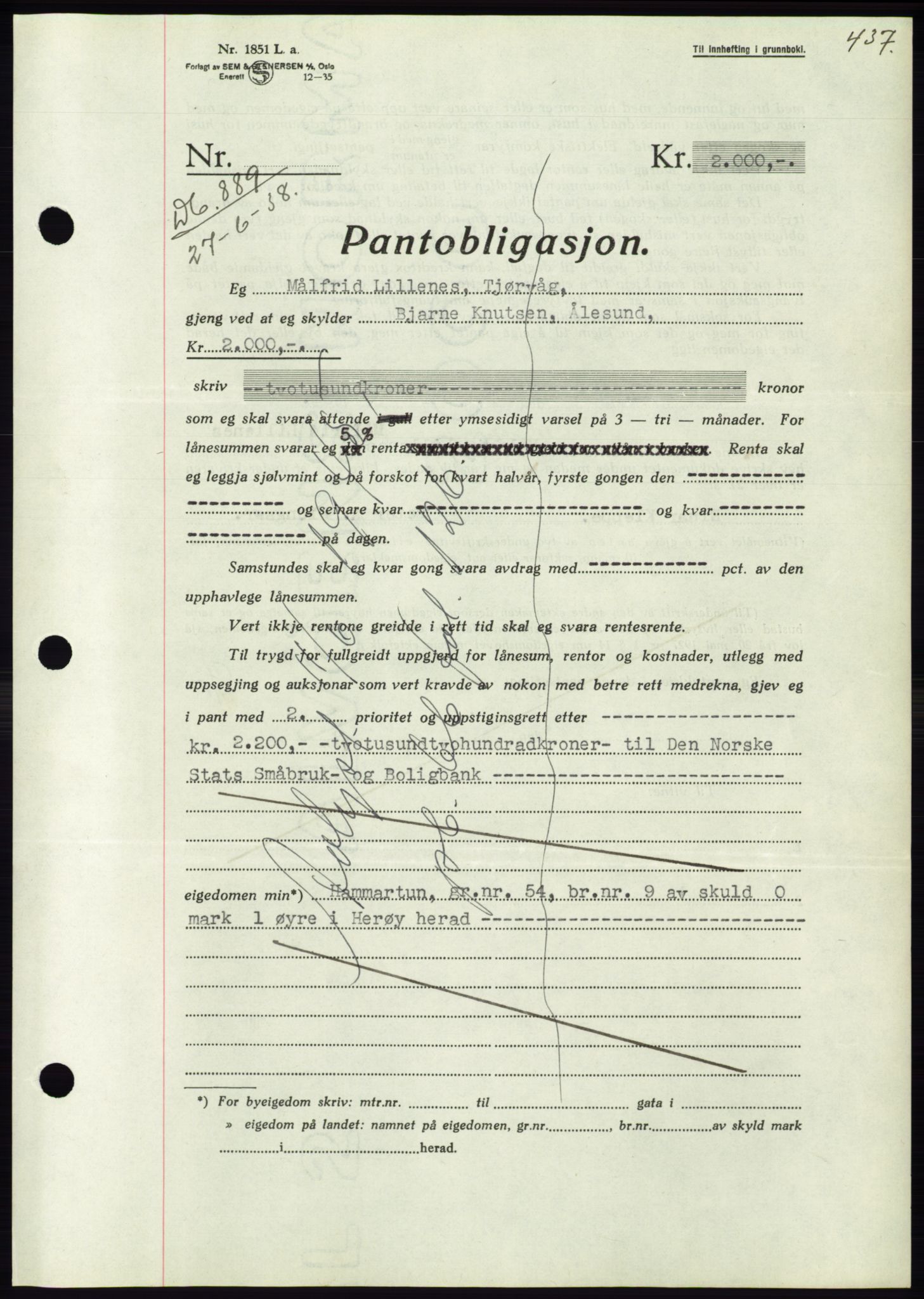 Søre Sunnmøre sorenskriveri, AV/SAT-A-4122/1/2/2C/L0065: Pantebok nr. 59, 1938-1938, Dagboknr: 889/1938