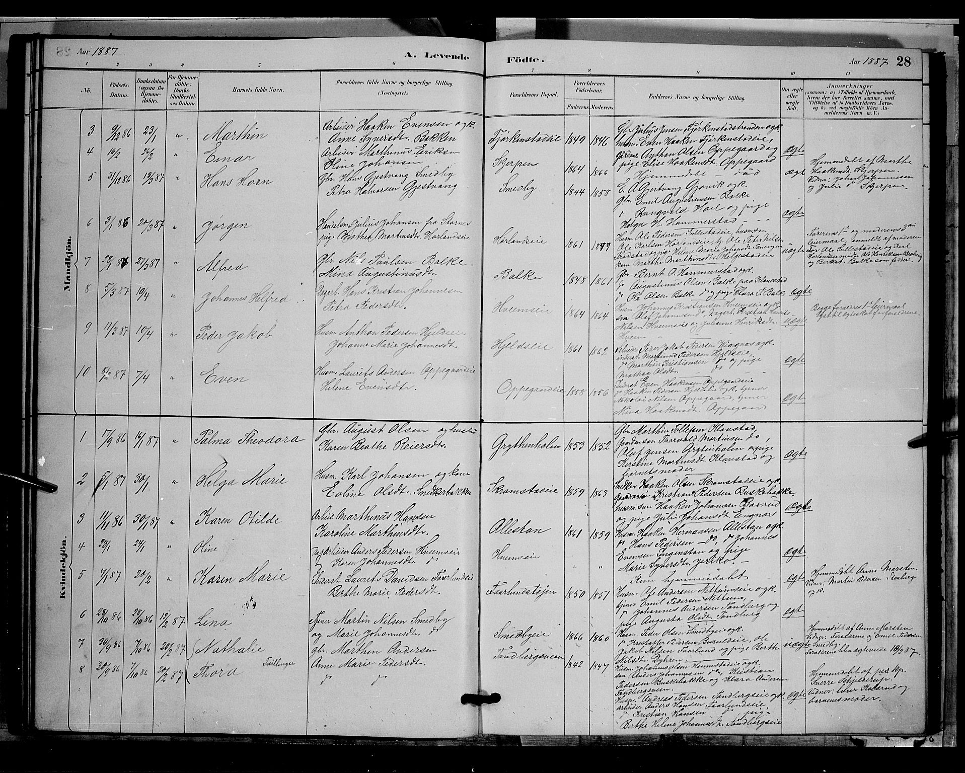 Østre Toten prestekontor, AV/SAH-PREST-104/H/Ha/Hab/L0005: Klokkerbok nr. 5, 1884-1893, s. 28