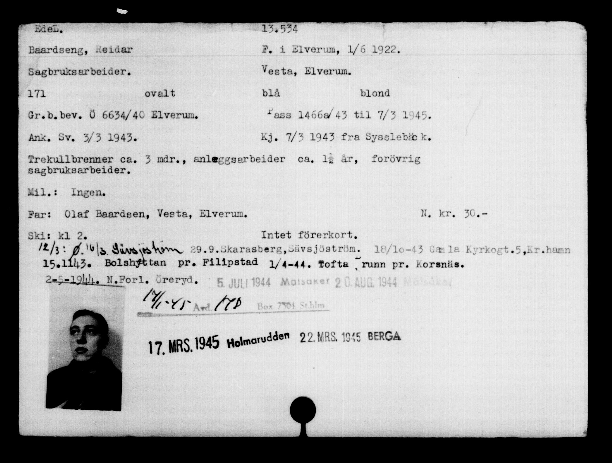 Den Kgl. Norske Legasjons Flyktningskontor, AV/RA-S-6753/V/Va/L0007: Kjesäterkartoteket.  Flyktningenr. 12700-15723, 1940-1945, s. 943