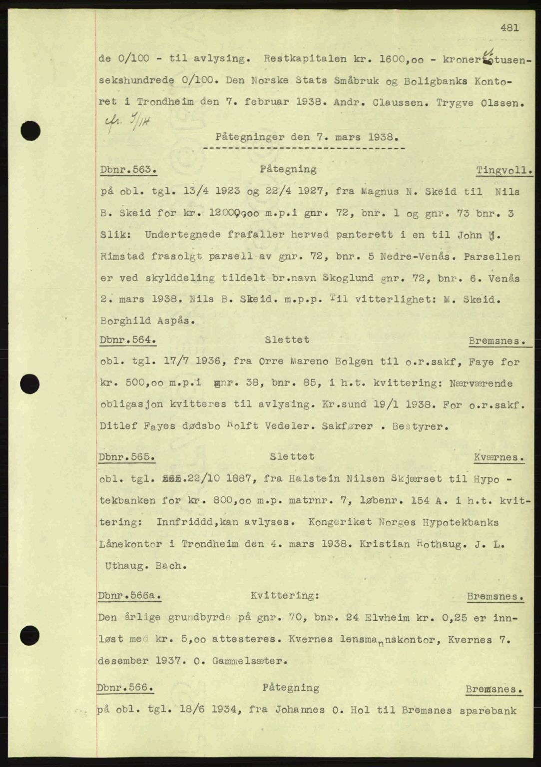 Nordmøre sorenskriveri, SAT/A-4132/1/2/2Ca: Pantebok nr. C80, 1936-1939, Dagboknr: 563/1938