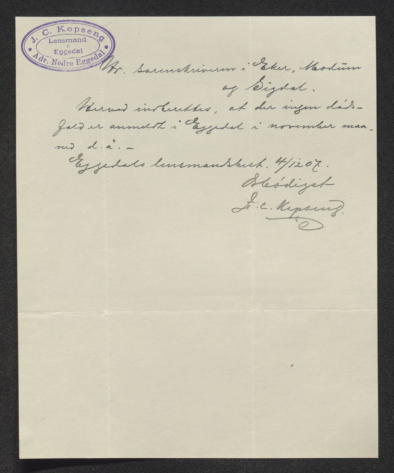 Eiker, Modum og Sigdal sorenskriveri, AV/SAKO-A-123/H/Ha/Hab/L0032: Dødsfallsmeldinger, 1907-1908, s. 376