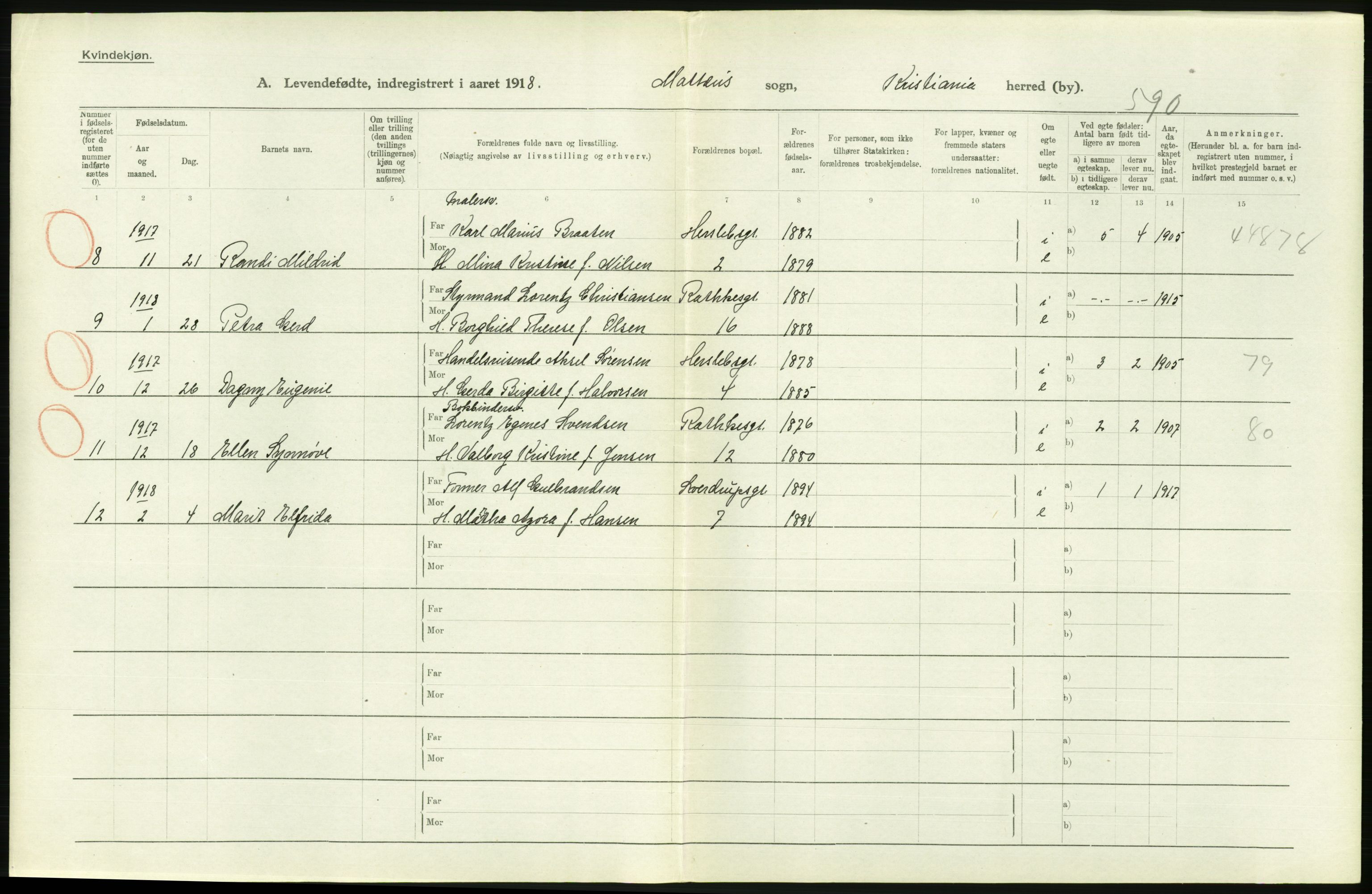 Statistisk sentralbyrå, Sosiodemografiske emner, Befolkning, AV/RA-S-2228/D/Df/Dfb/Dfbh/L0008: Kristiania: Levendefødte menn og kvinner., 1918, s. 28