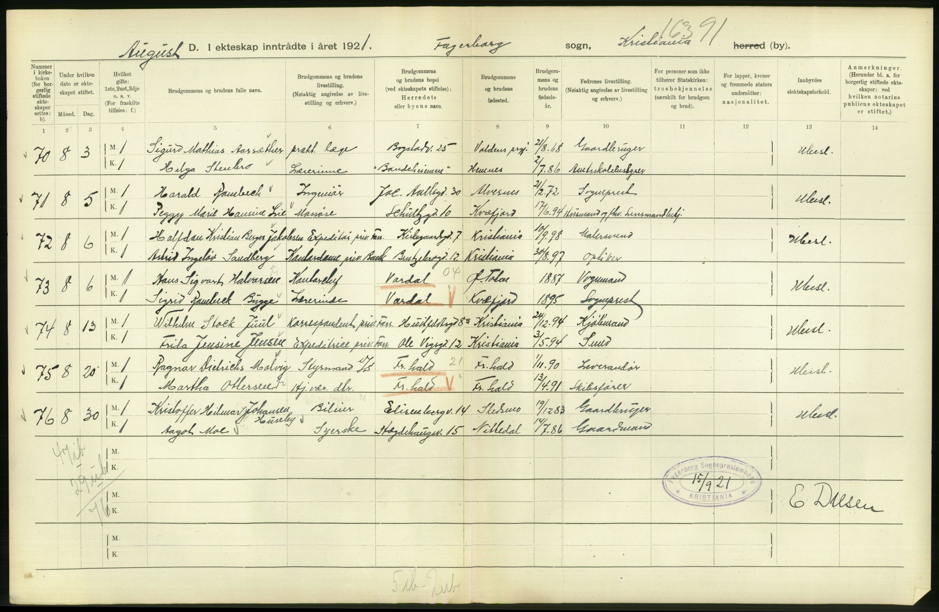 Statistisk sentralbyrå, Sosiodemografiske emner, Befolkning, AV/RA-S-2228/D/Df/Dfc/Dfca/L0011: Kristiania: Gifte, 1921, s. 278