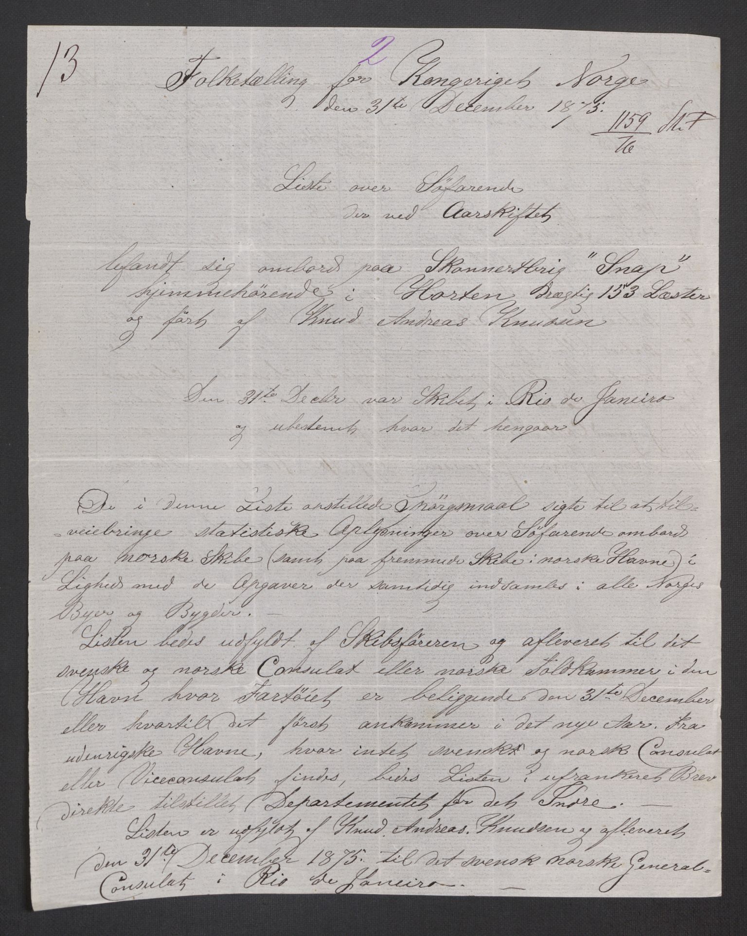 RA, Folketelling 1875, skipslister: Skip i utenrikske havner, hjemmehørende i byer og ladesteder, Fredrikshald - Arendal, 1875, s. 338