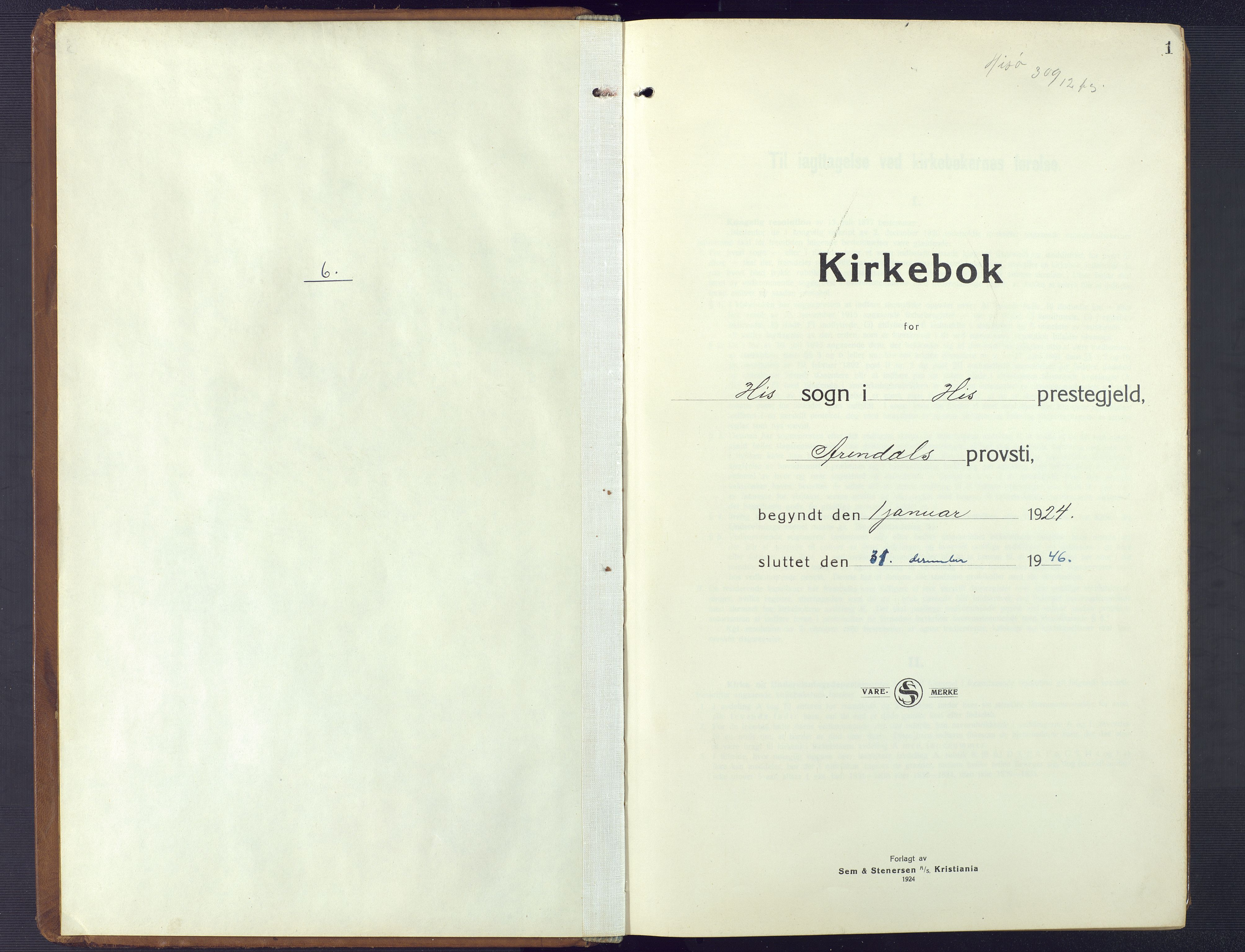 Hisøy sokneprestkontor, AV/SAK-1111-0020/F/Fb/L0005: Klokkerbok nr. B 5, 1924-1946, s. 1