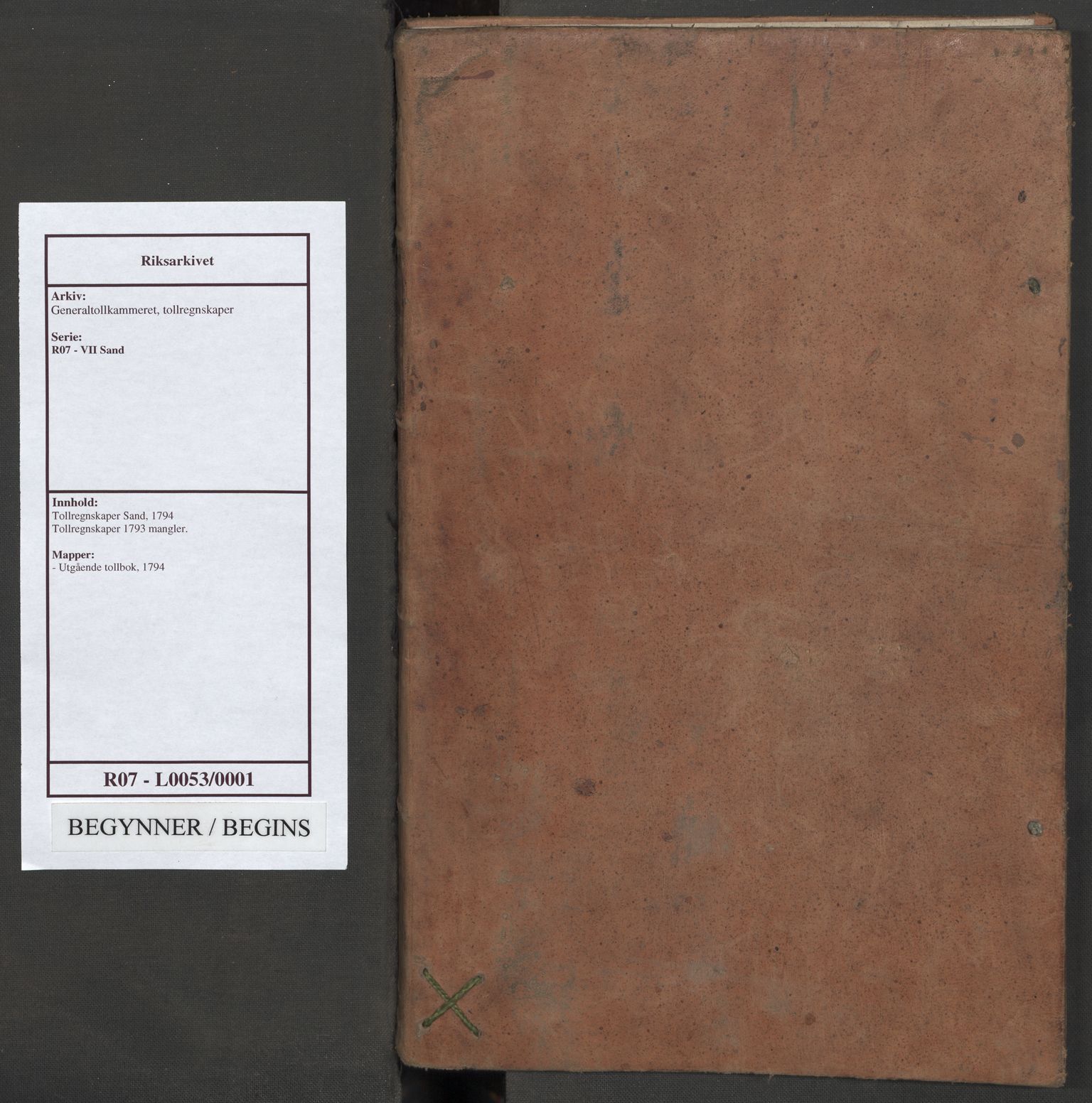 Generaltollkammeret, tollregnskaper, RA/EA-5490/R07/L0053/0001: Tollregnskaper Sand / Utgående tollbok, 1794
