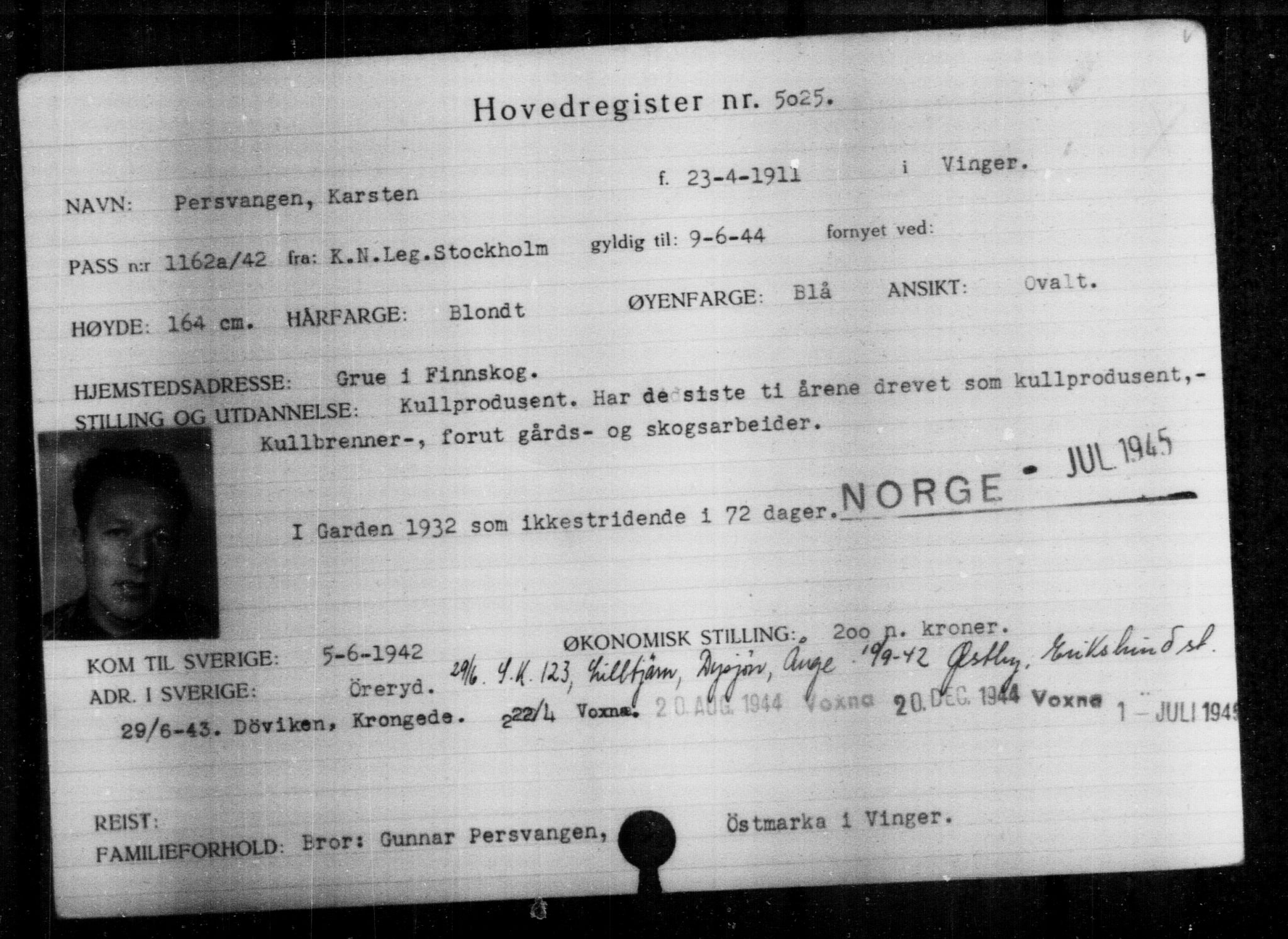 Utenriksstasjonene, Legasjonen i Stockholm, Flyktningkontoret, AV/RA-S-6753/V/Va/L0004: Kjesäterkartoteket, flyktninger med registreringsnr. 3496-6610, 1940-1945, s. 1812