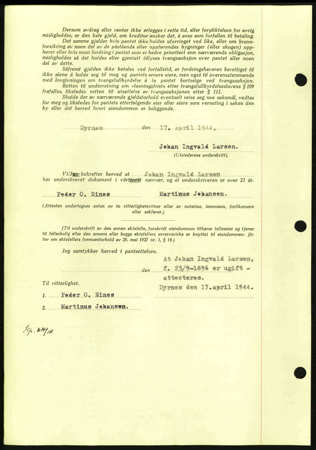 Nordmøre sorenskriveri, AV/SAT-A-4132/1/2/2Ca: Pantebok nr. B91, 1943-1944, Dagboknr: 707/1944