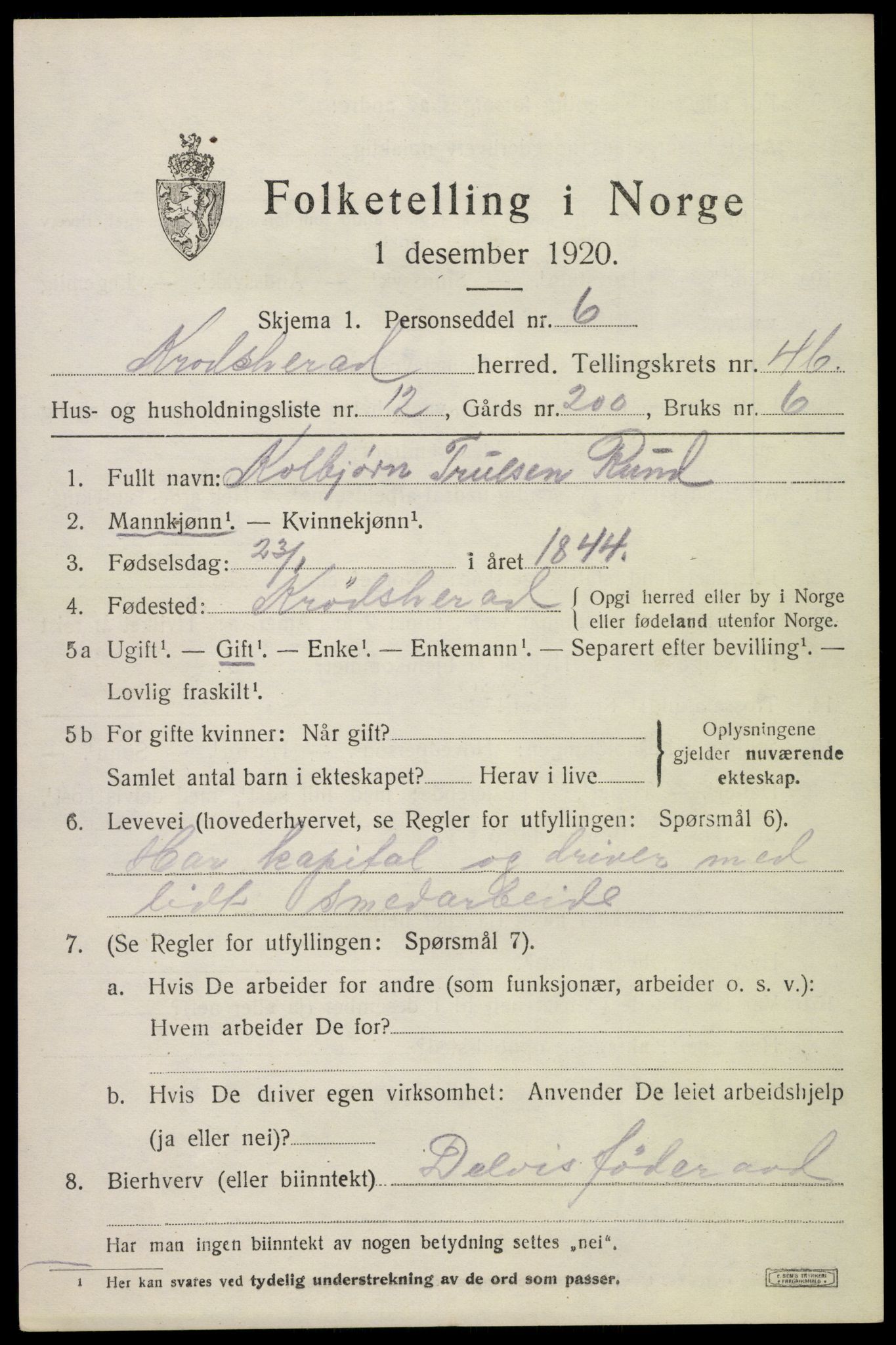 SAKO, Folketelling 1920 for 0622 Krødsherad herred, 1920, s. 5083