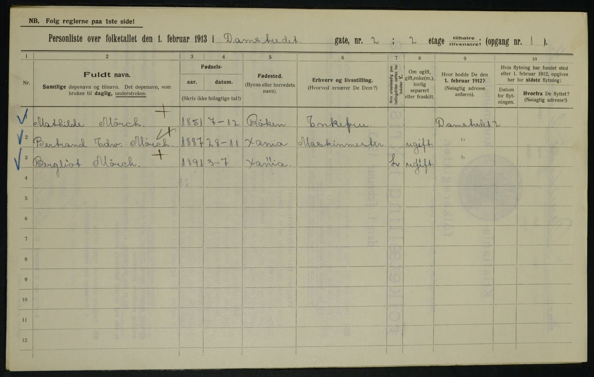 OBA, Kommunal folketelling 1.2.1913 for Kristiania, 1913, s. 14437