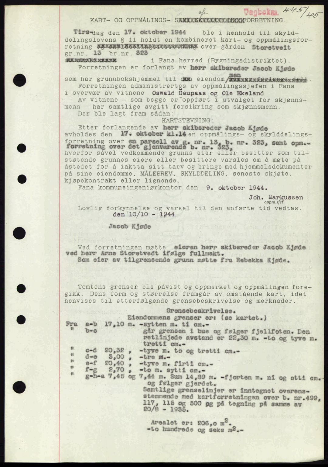 Midhordland sorenskriveri, SAB/A-3001/1/G/Gb/Gbj/L0019: Pantebok nr. A37-38, 1944-1945, Dagboknr: 445/1945