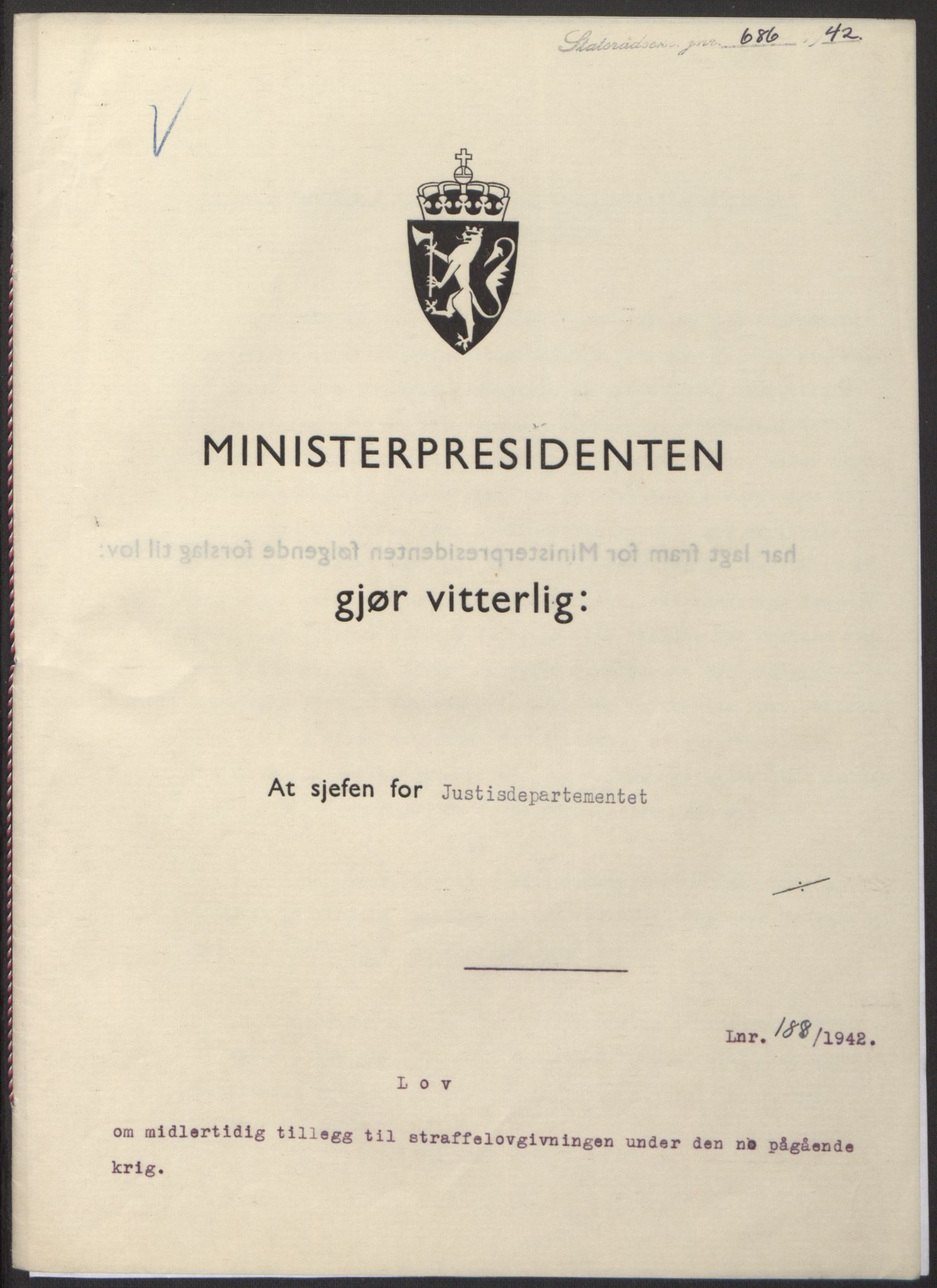 NS-administrasjonen 1940-1945 (Statsrådsekretariatet, de kommisariske statsråder mm), AV/RA-S-4279/D/Db/L0098: Lover II, 1942, s. 357